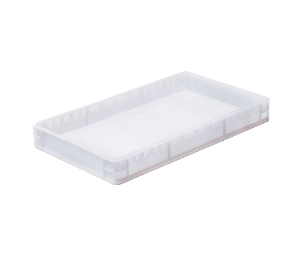 Der Bekuplast Süßwarentrocknungsbehälter (762 x 458 x 90 mm) in natürlicher Farbe bietet durchbrochene Seiten und Boden für optimale Luftzirkulation und einfache Handhabung.