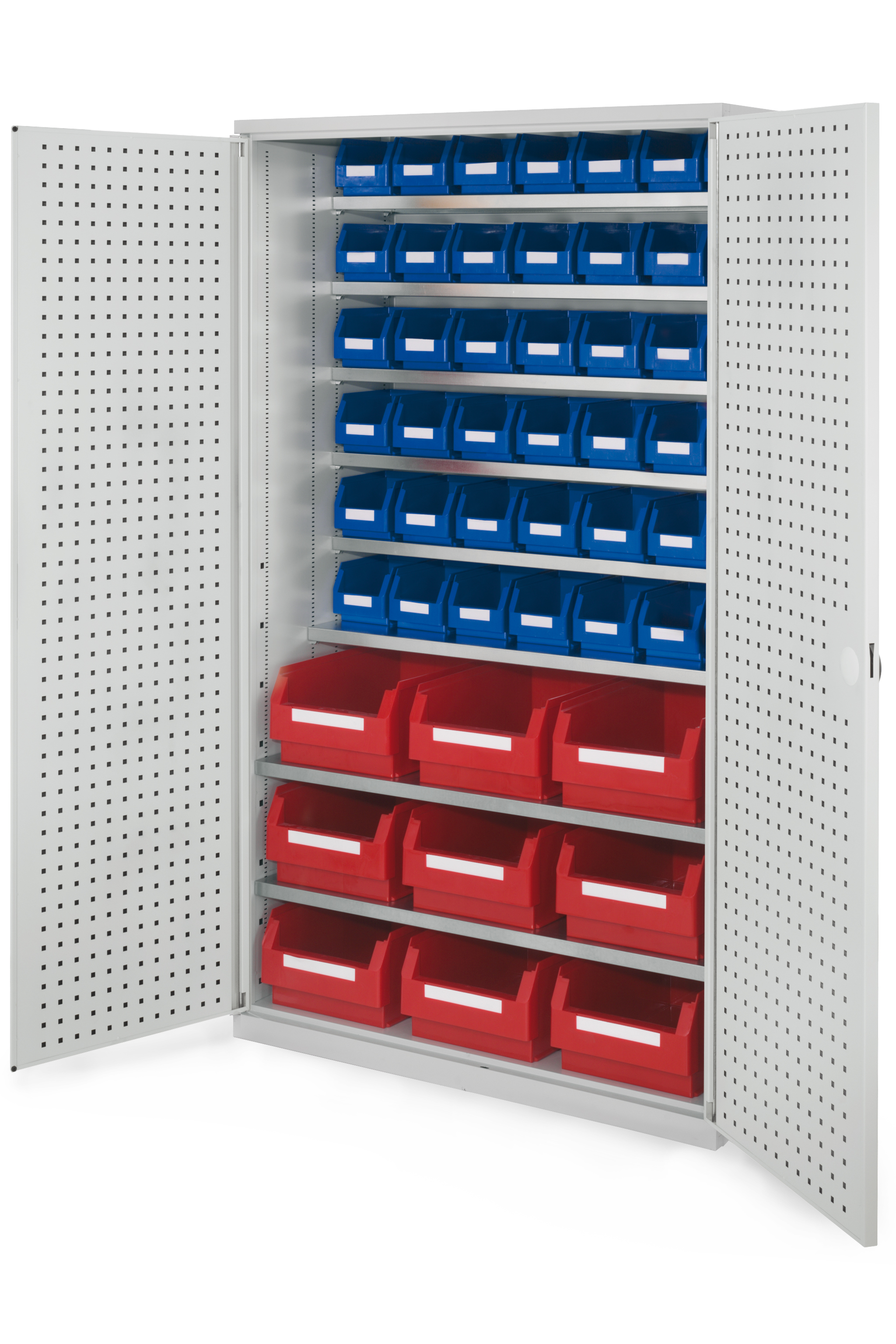 Großraumschrank Modell 10 RAL 7035 1950 x 1130 x 590 mm. Türinnenseite: ®RasterPlan Lochplatten inklusiv Lagersichtkasten 9 x Größe 2 42 x Größe 6