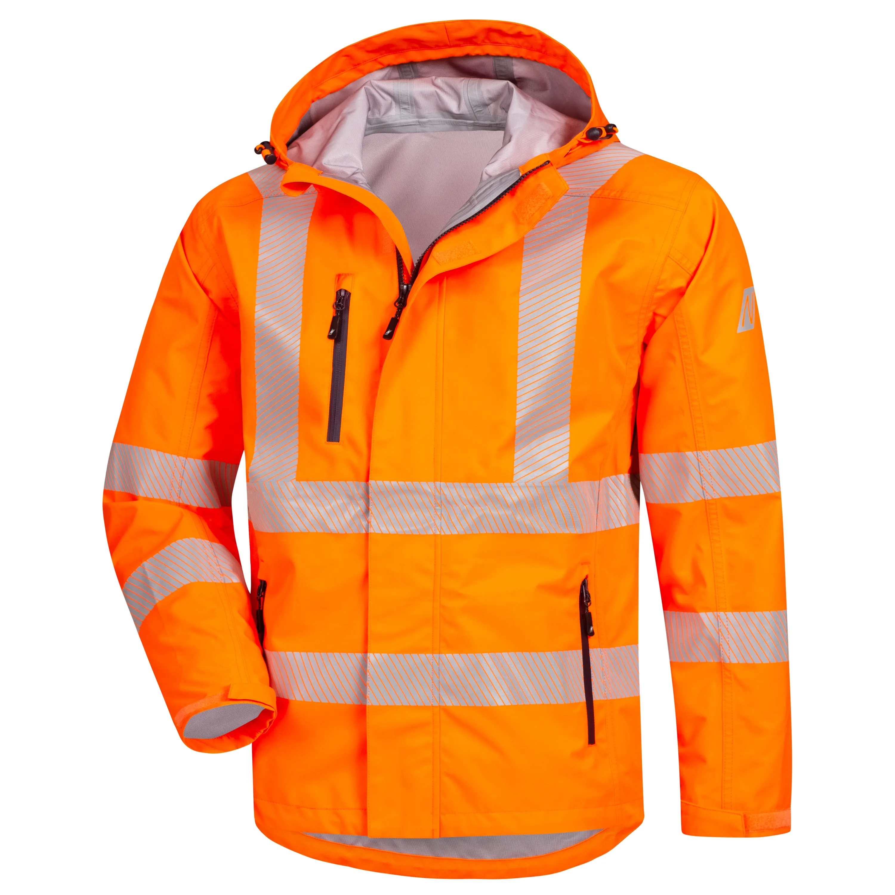 Die NITRAS MOTION TEX VIZ PLUS Regenjacke in Neonorange bietet wind- und wasserdichten Schutz, hohen Tragekomfort und verbesserte Sichtbarkeit durch Reflexstreifen.