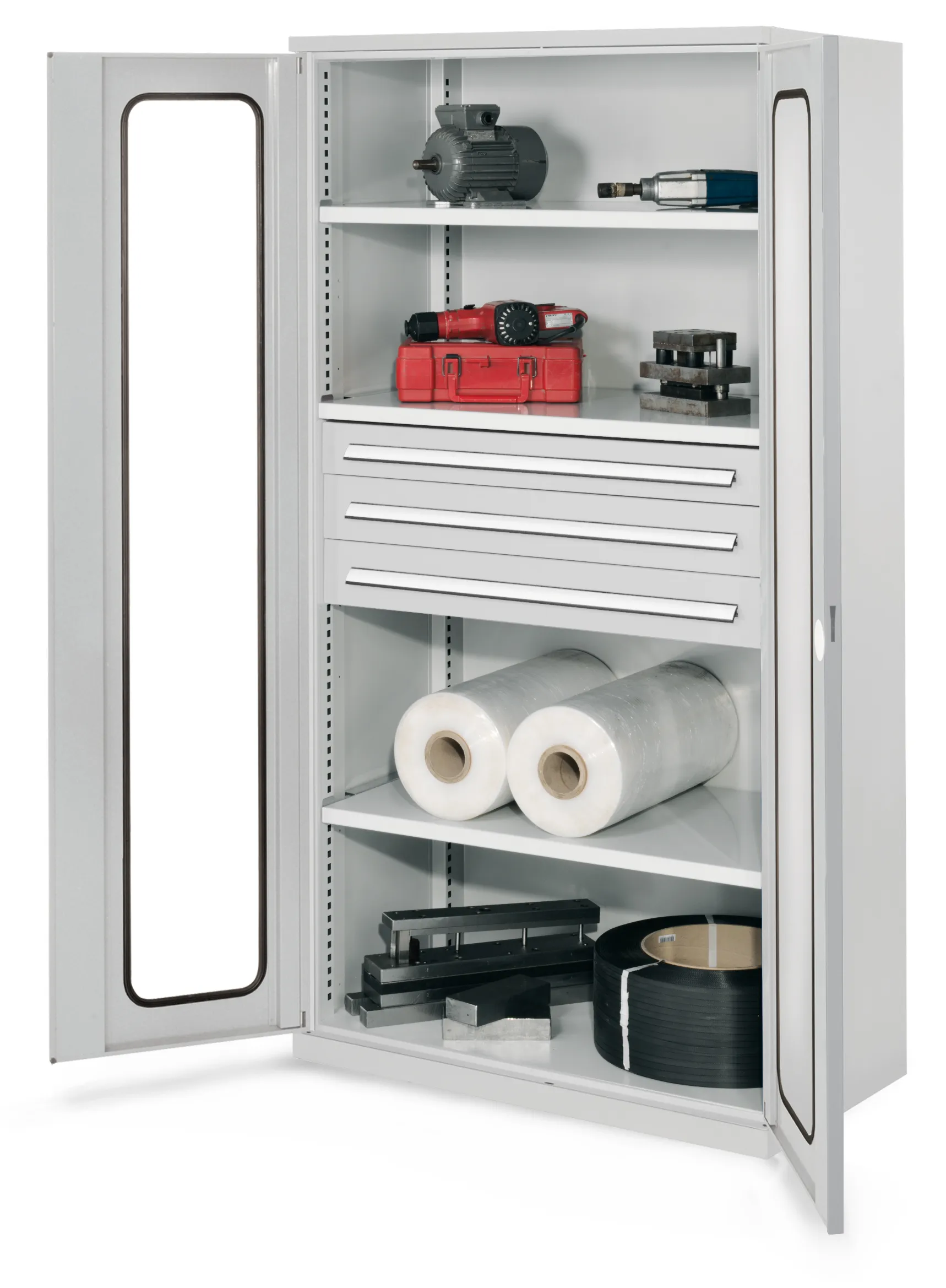 Der Schwerlastschrank von Kappes Systeme GmbH, Modell 43, bietet robuste Stahlkonstruktion mit Sichtfenstert?r, drei Fachb?den und vielseitigen Schubladen.