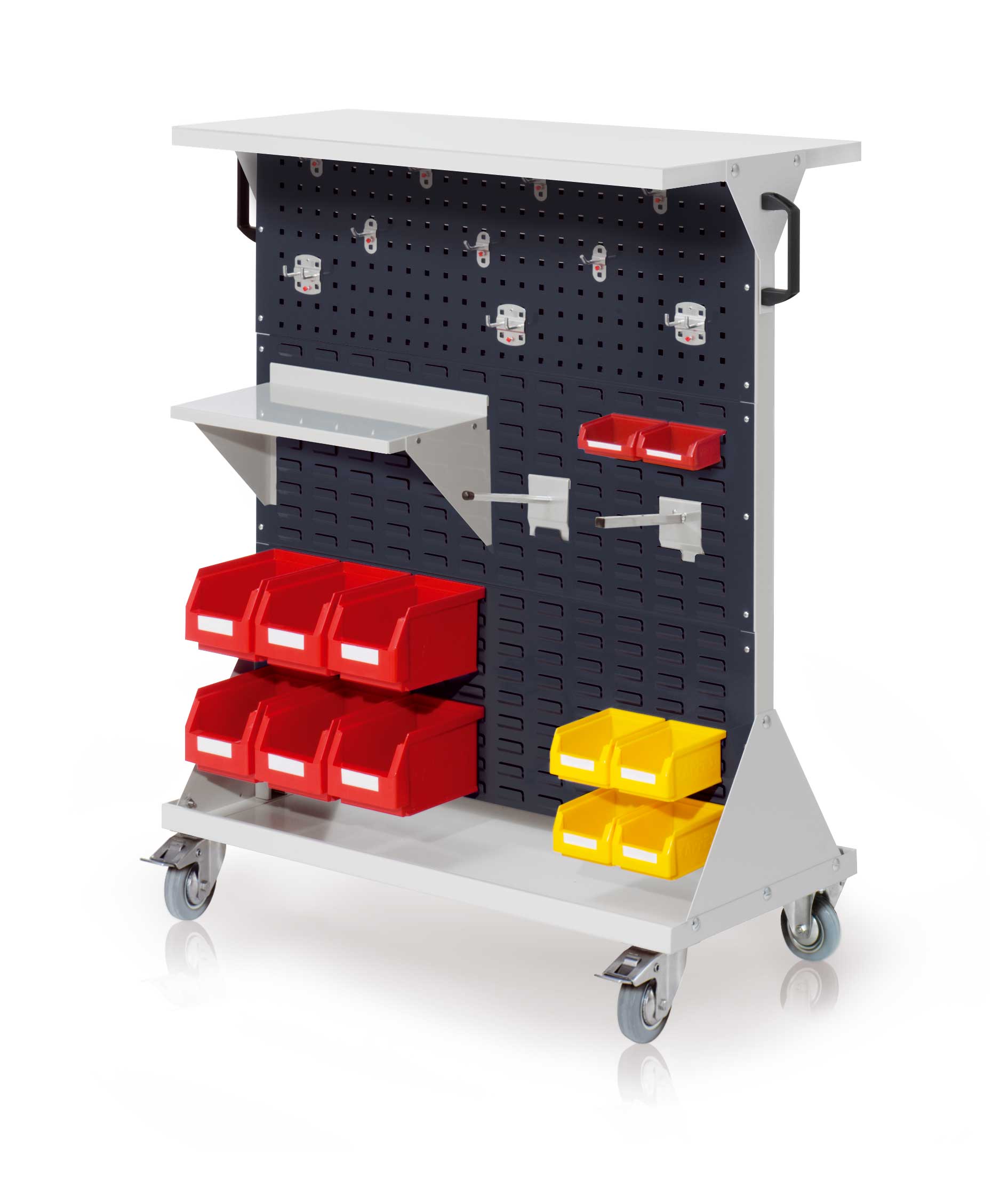 Das RasterMobil Gr. 3 von Kappes Systeme: Mobiles, robustes Lager mit modularen Platten, ergonomischen Griffen und spurlosen Rollen für effiziente Werkstattorganisation.