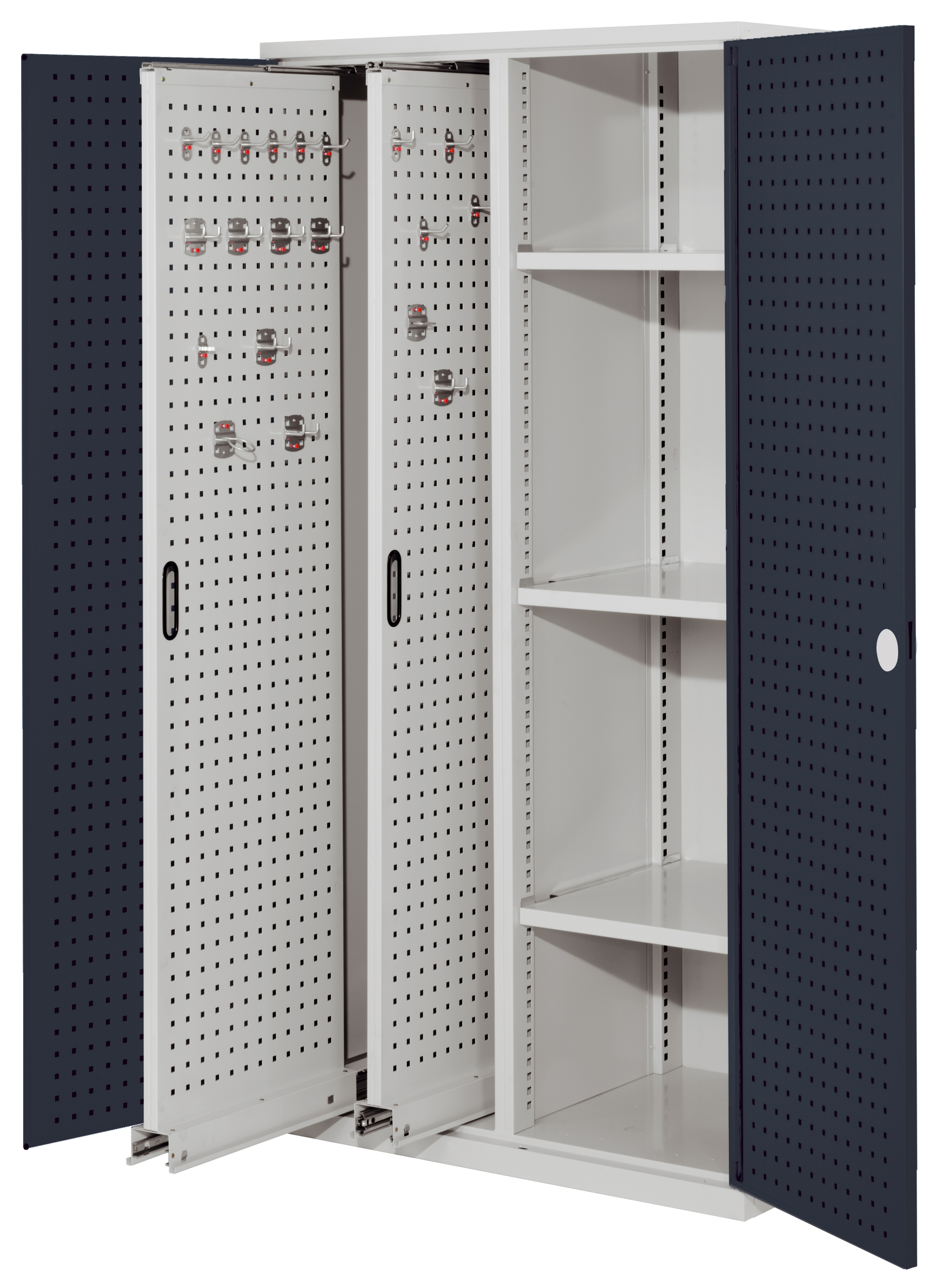 Der RasterPlan Vertikalschrank Modell 80 von Kappes Systeme bietet mit robustem Stahl, flexibler Innenausstattung und modernem Design effiziente Werkzeugorganisation.
