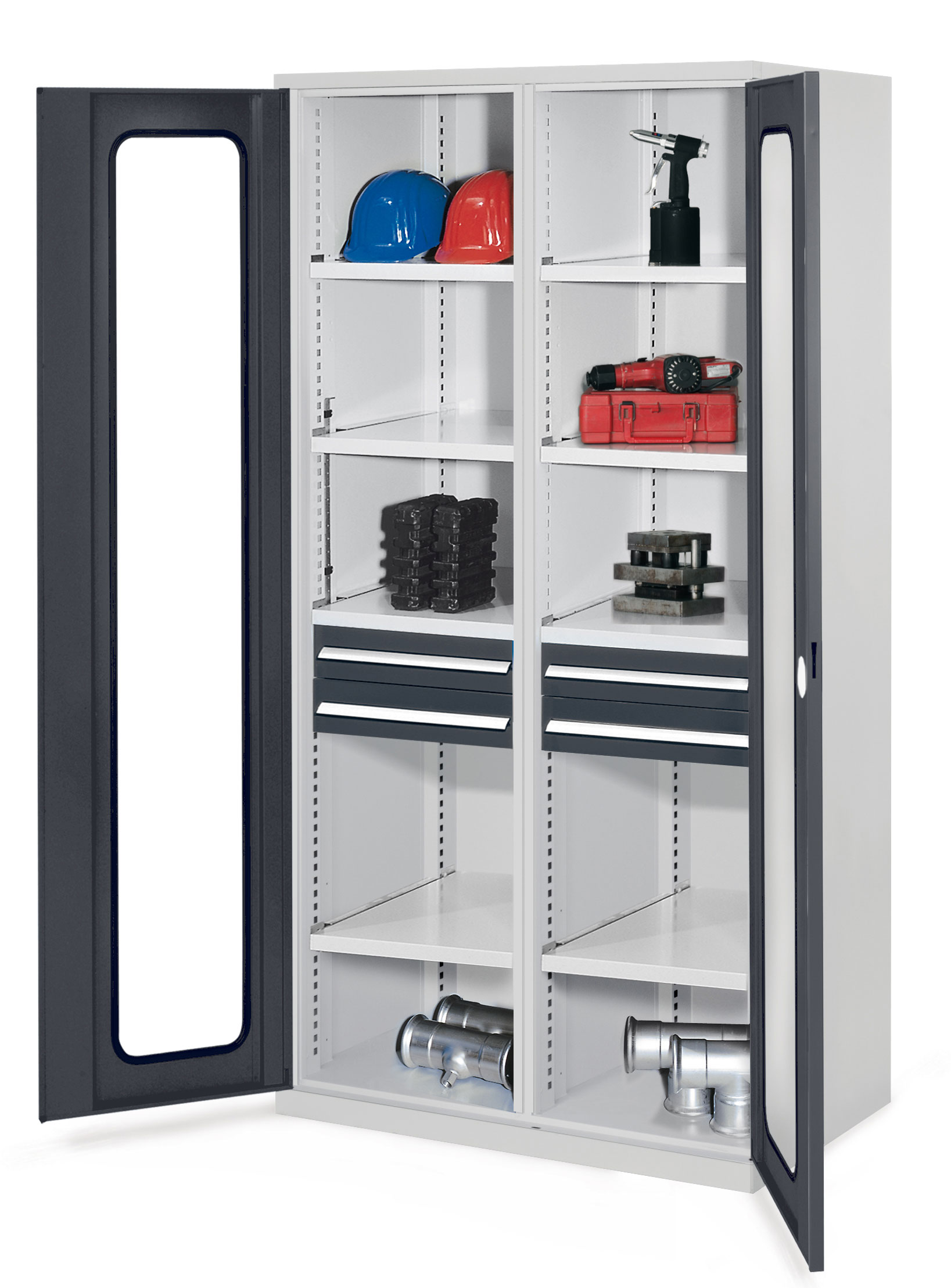 Schwerlastschrank von Kappes Systeme GmbH: Robuste Stahlkonstruktion mit Sichtfenstertür, zwei Schubladen und acht verstellbaren Fachböden für effiziente Lagerung.