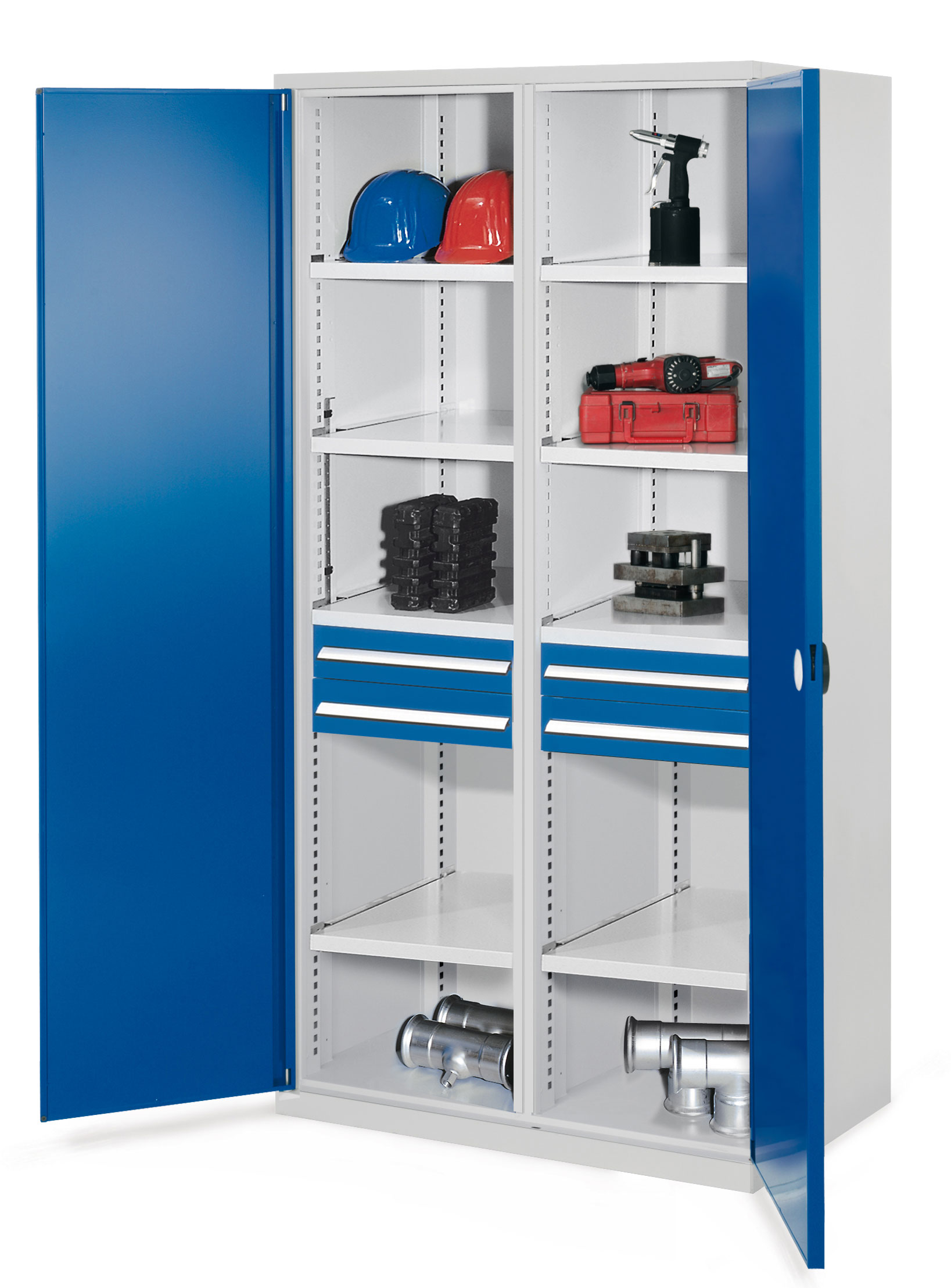 Schwerlastschrank Modell 56 von Kappes Systeme: Robuste Stahlkonstruktion mit Mitteltrennwand, Doppelwandtüren, 4 Fachböden, 2 Schubladen, max. Tragkraft 1,65 t.