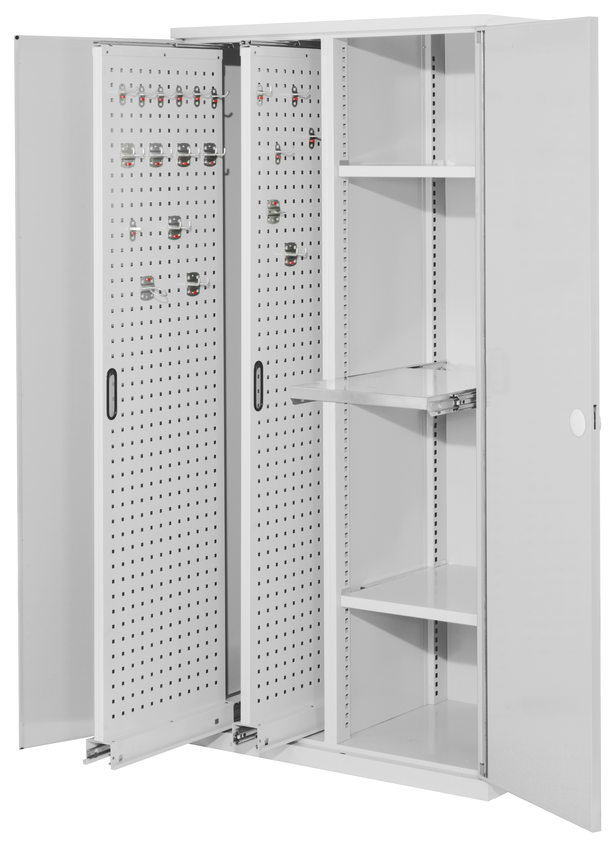 ®RasterPlan Vertikalschrank Modell 84 1950 x 1000 x 600 mm RAL 7035. Doppelwandtür. 2 Auszüge Lochplatten 2 Böden 1 Auszugsboden.