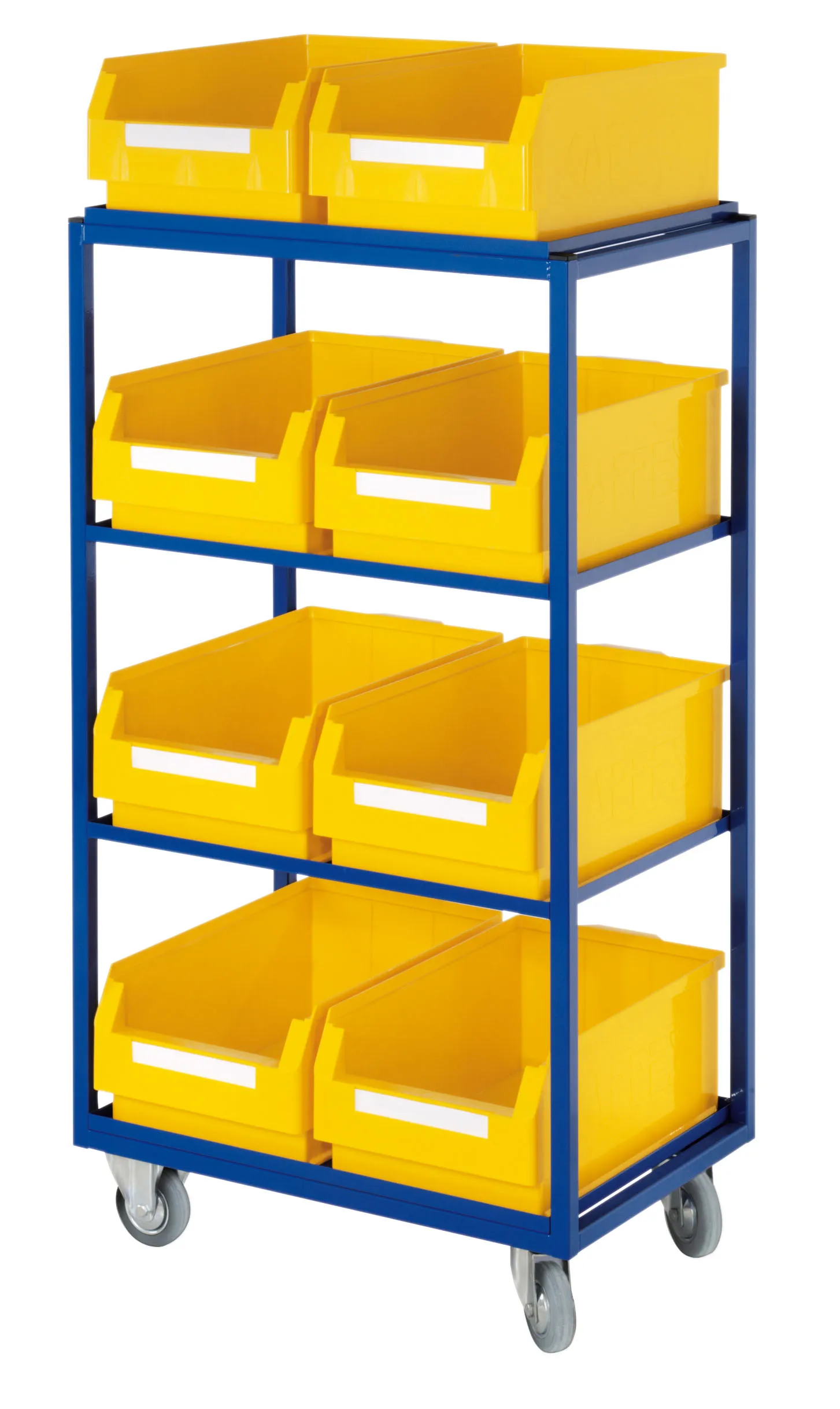 Der Beistell- und Kommissionierwagen Modell 15 von Kappes Systeme in Enzianblau bietet robuste Mobilität und Flexibilität für effiziente Lagerprozesse.