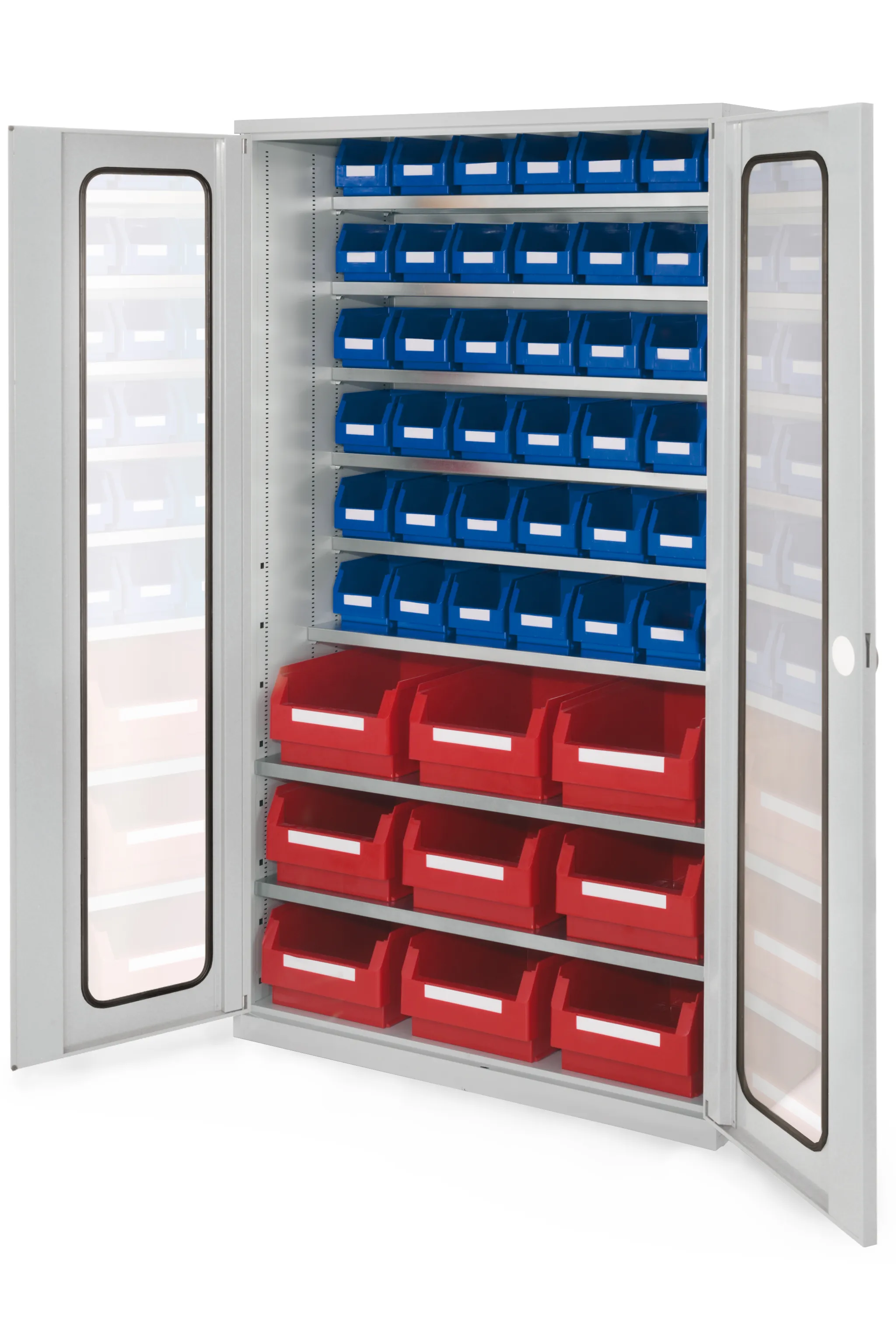 Gro?raumschrank Modell 10 von Kappes Systeme: Robuste Stahlkonstruktion mit Sichtfenstert?ren, flexiblen Schubladen und Lagersichtk?sten, lichtgrau beschichtet.