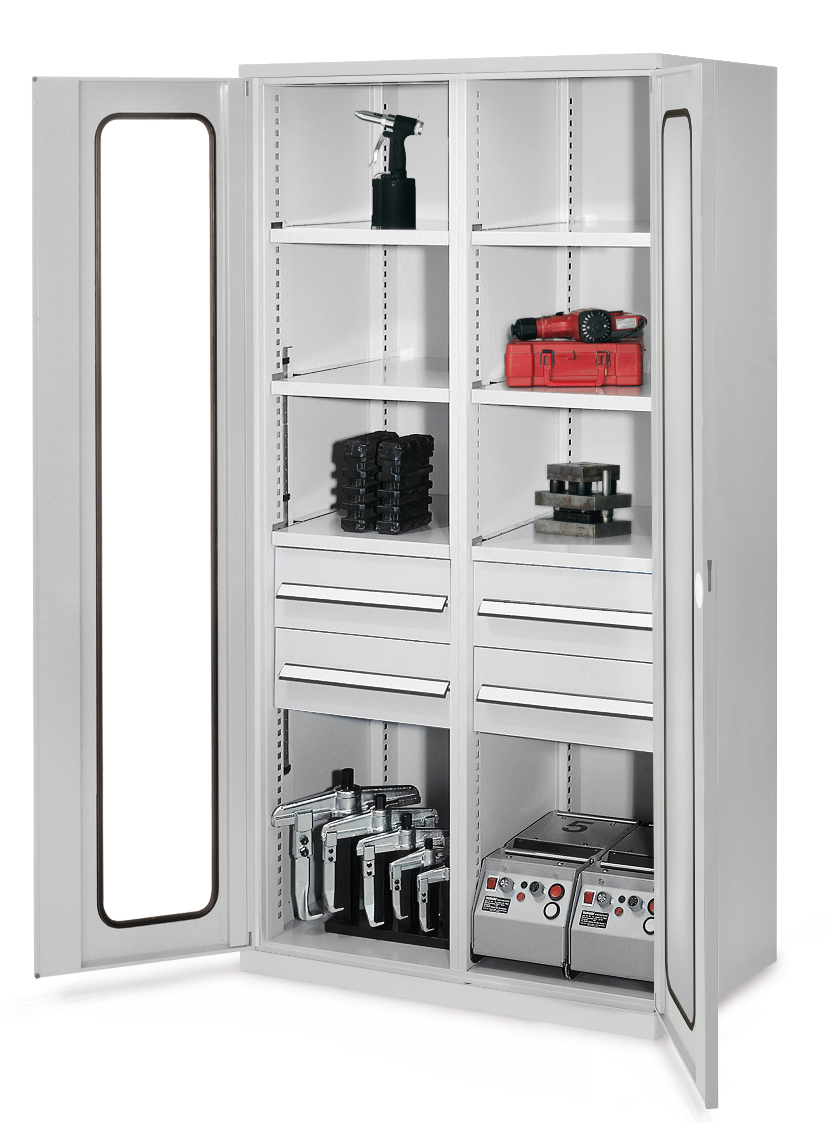 Schwerlastschrank mit Mitteltrennwand 1950 x 1000 x 600 mm Mod 52 RAL 7035. Sichtfenstertür 4 Schubladen H 175 mm 3 Fachboden links verzinkt 3 Fachboden rechts verzinkt.