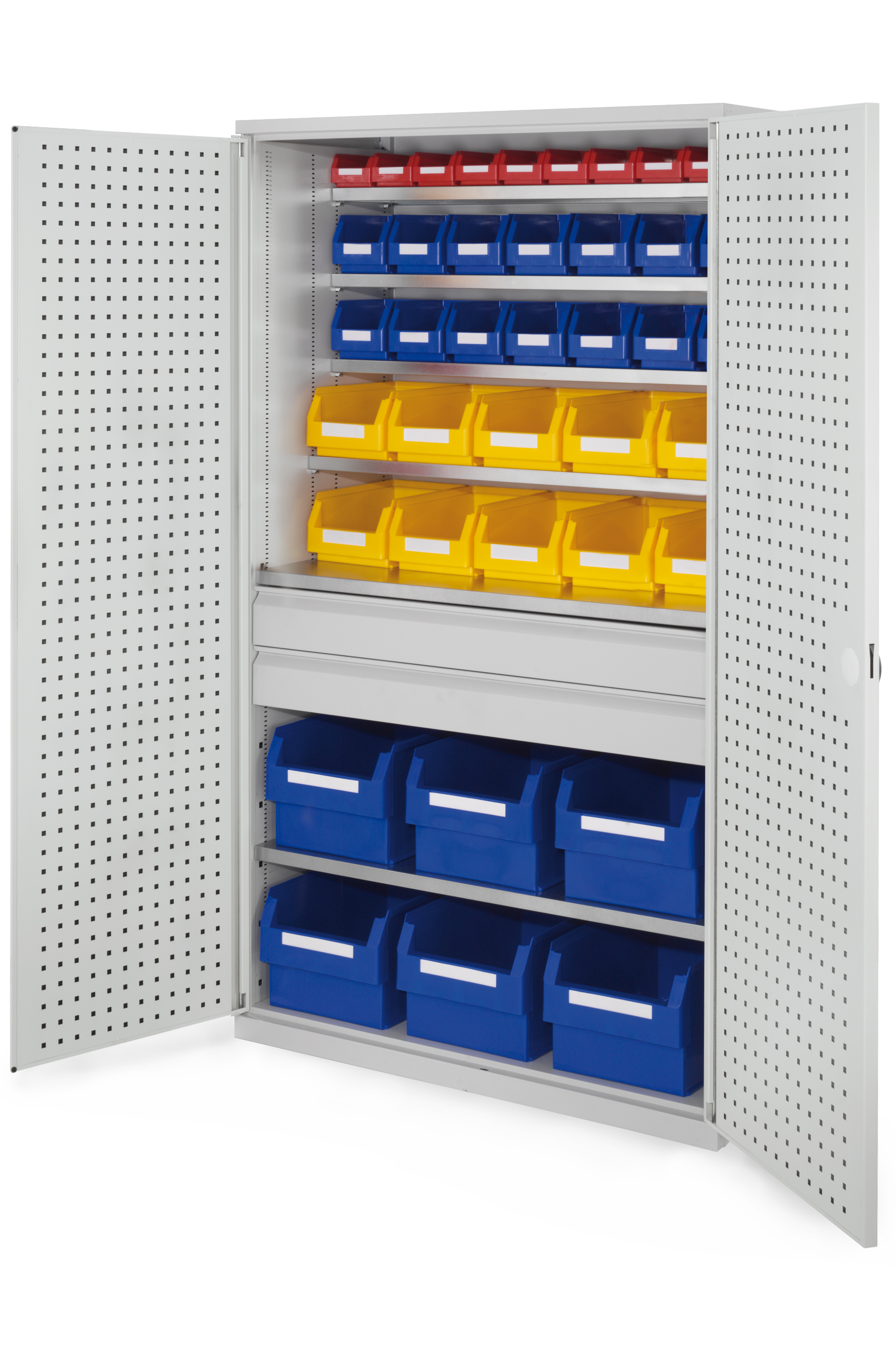 Gro?raumschrank Modell 32 von Kappes Systeme in Lichtgrau: Robuste Stahlkonstruktion mit flexiblen Schubladen und Lochplatten f?r optimale Aufbewahrung.