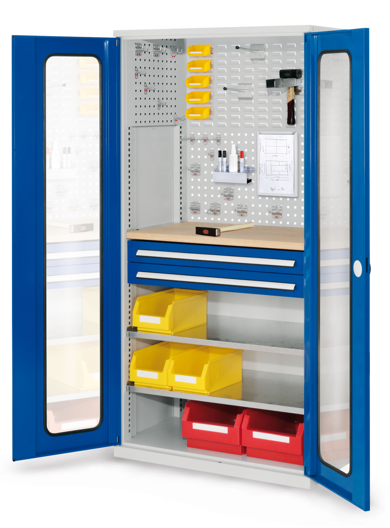 ®RasterPlan Schubladenschrank Modell 34 RAL 7035/5010. Sichtfenstertür. 1950 x 1000 x 600 mm 2 Schubladen H 100 mm 2 Fachboden verzinkt 1 Werkbankplatte Multiplex.