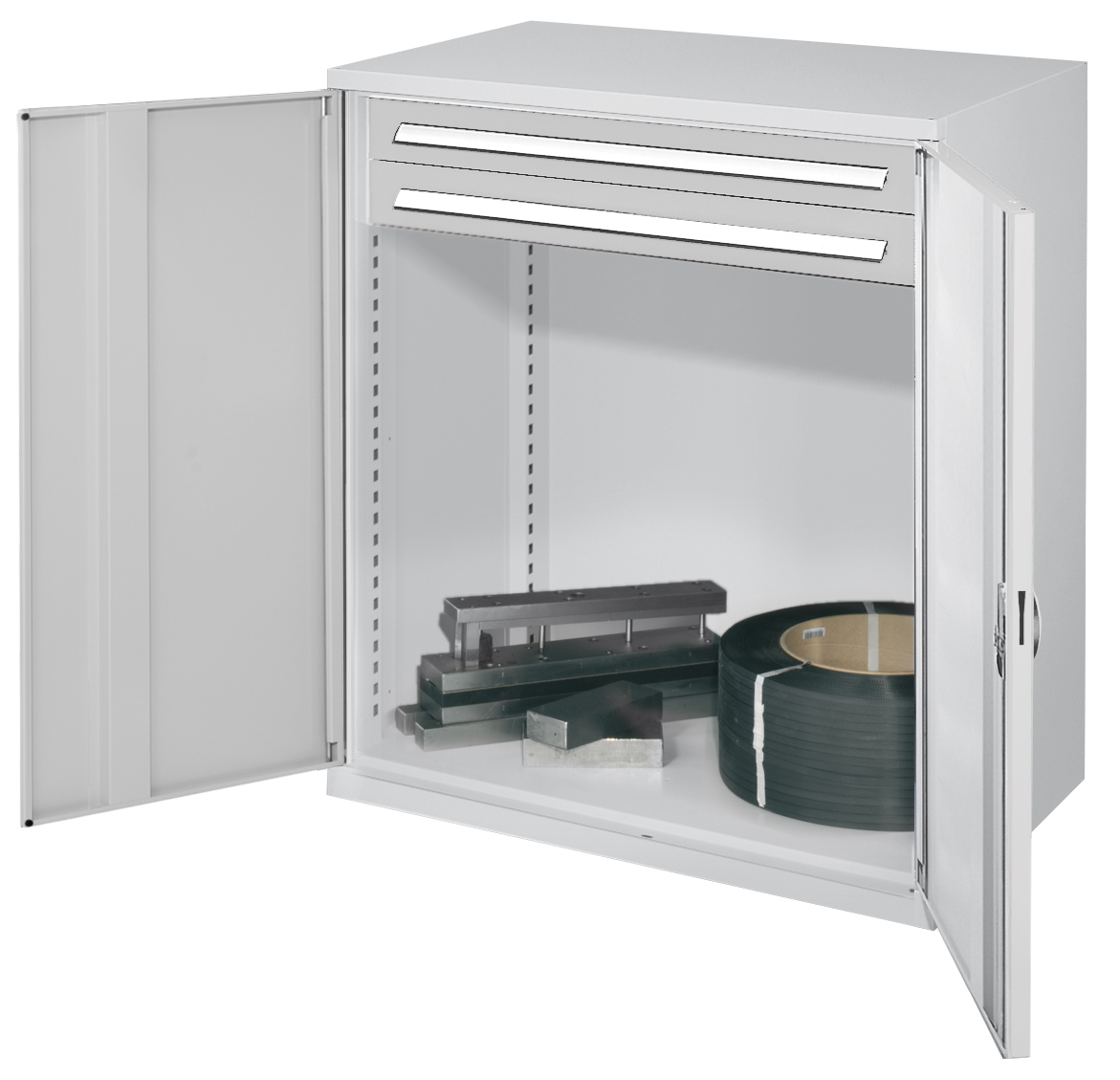 Schwerlast-Beistellschrank Modell 64 1110 x 1000 x 600 mm RAL 7035. Vollblechtüren 2 Schubladen H 100 mm.