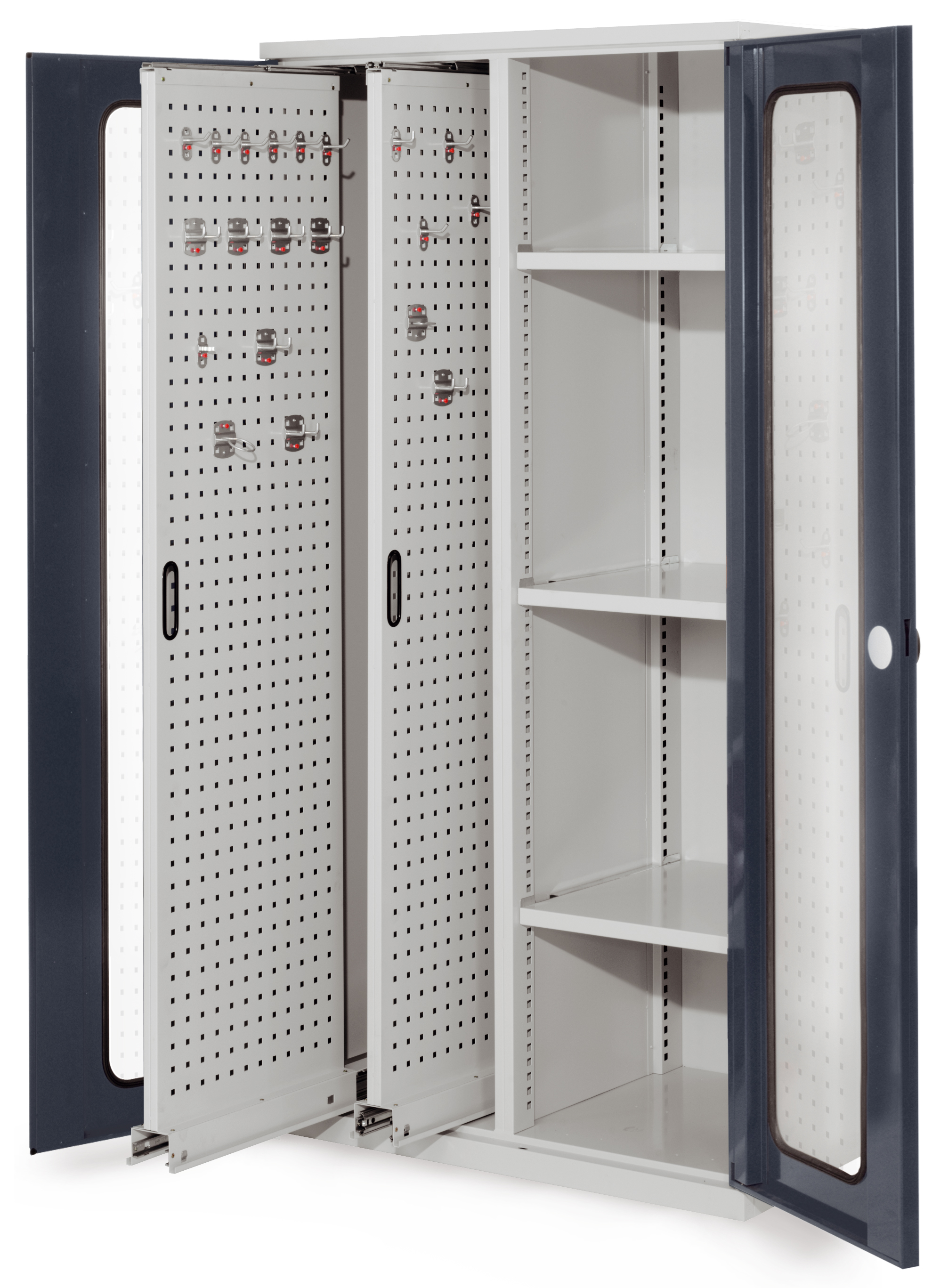 Der RasterPlan Vertikalschrank 80 von Kappes Systeme bietet effiziente Lagerung mit Sichtfenstertür, zwei Auszügen und drei Böden in robuster Stahlkonstruktion.