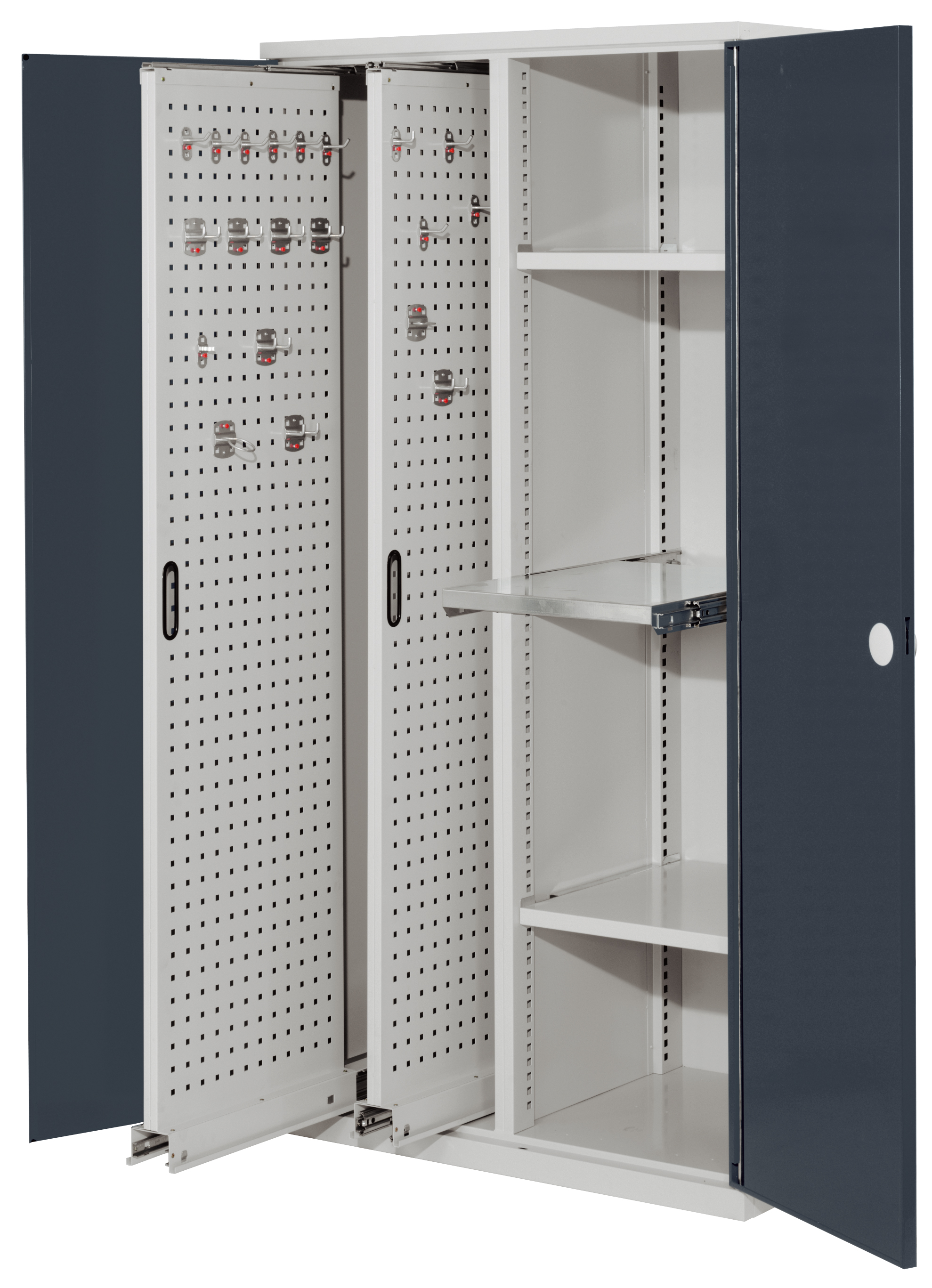 Der RasterPlan Vertikalschrank Modell 84 von Kappes Systeme bietet mit robustem Stahl, flexibler Innenausstattung und sicherem Schloss optimale Werkzeugorganisation.