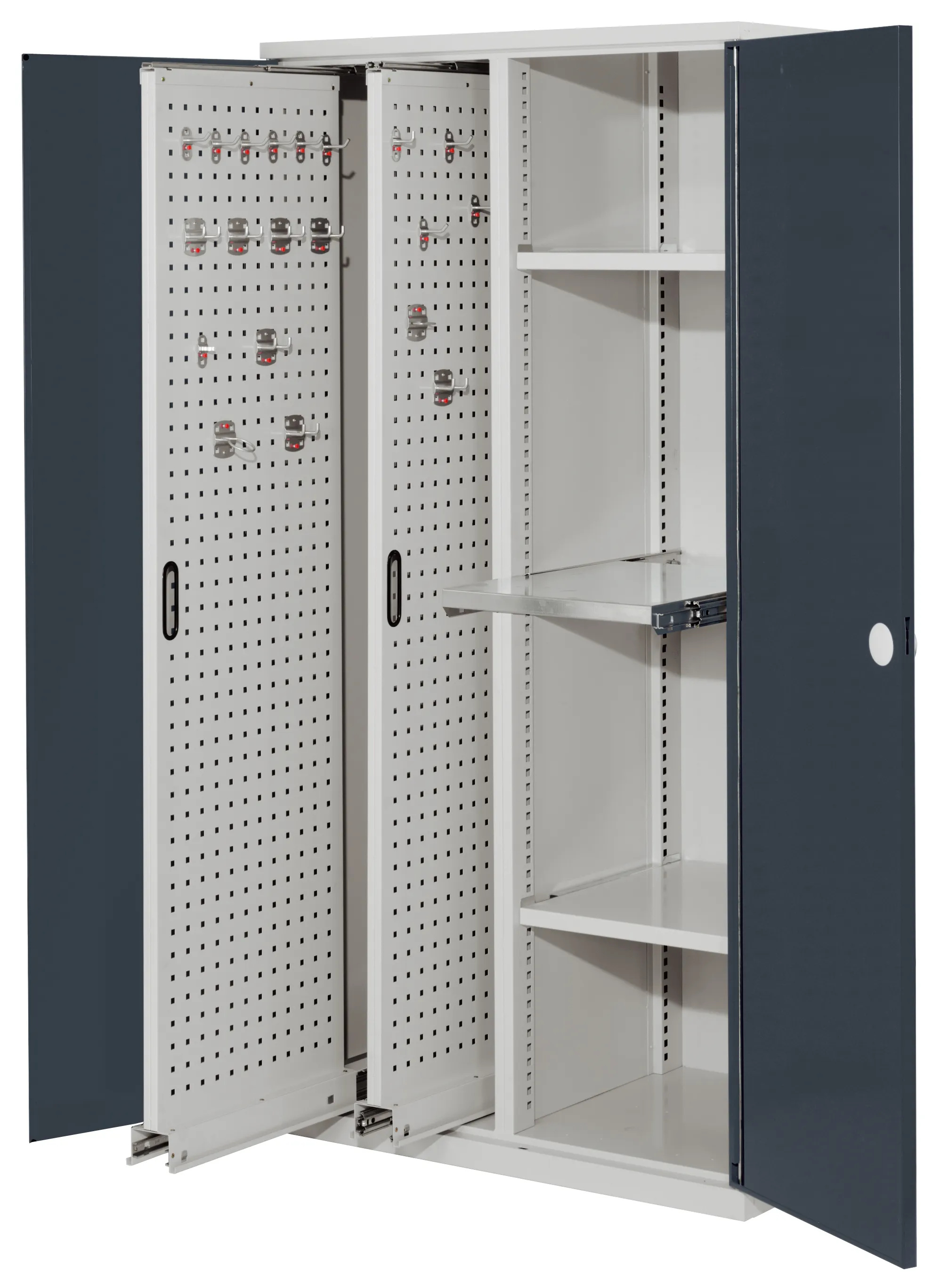 Der RasterPlan Vertikalschrank Modell 84 von Kappes Systeme bietet mit robustem Stahl, flexibler Innenausstattung und sicherem Schloss optimale Werkzeugorganisation.