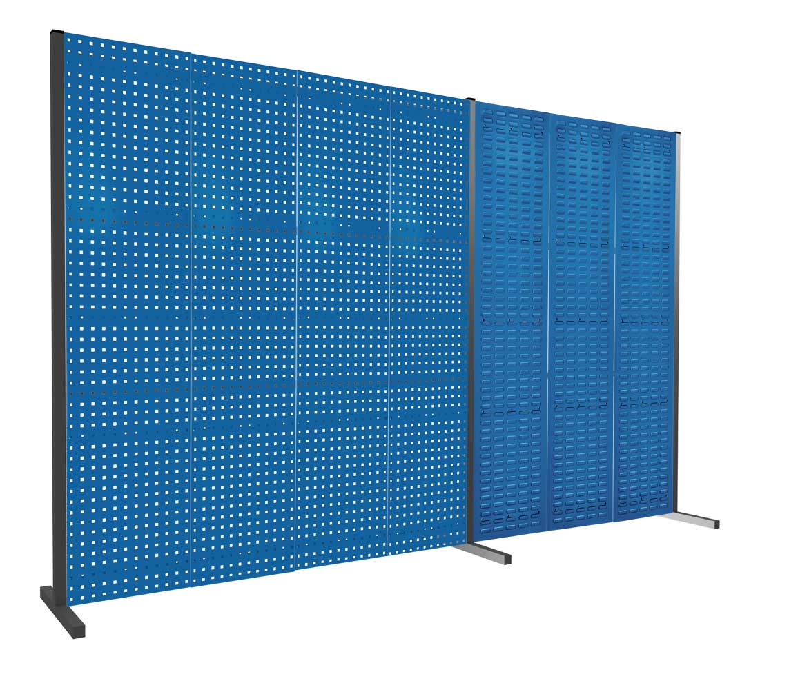 Produktbild der ®RasterPlan Trennwand Doppelfeld 180° von Kappes Systeme GmbH: Flexibles, blaues Trennwandsystem mit Loch- und Schlitzplatten, 2000 mm hoch.