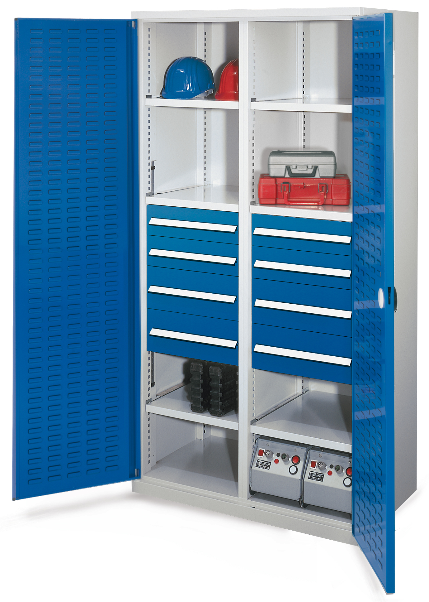 Der Schwerlastschrank Mod 54 von Kappes Systeme GmbH, robust und geräumig, bietet vielseitige Lagerlösungen mit Schubladen und Fachböden für schwere Werkzeuge.