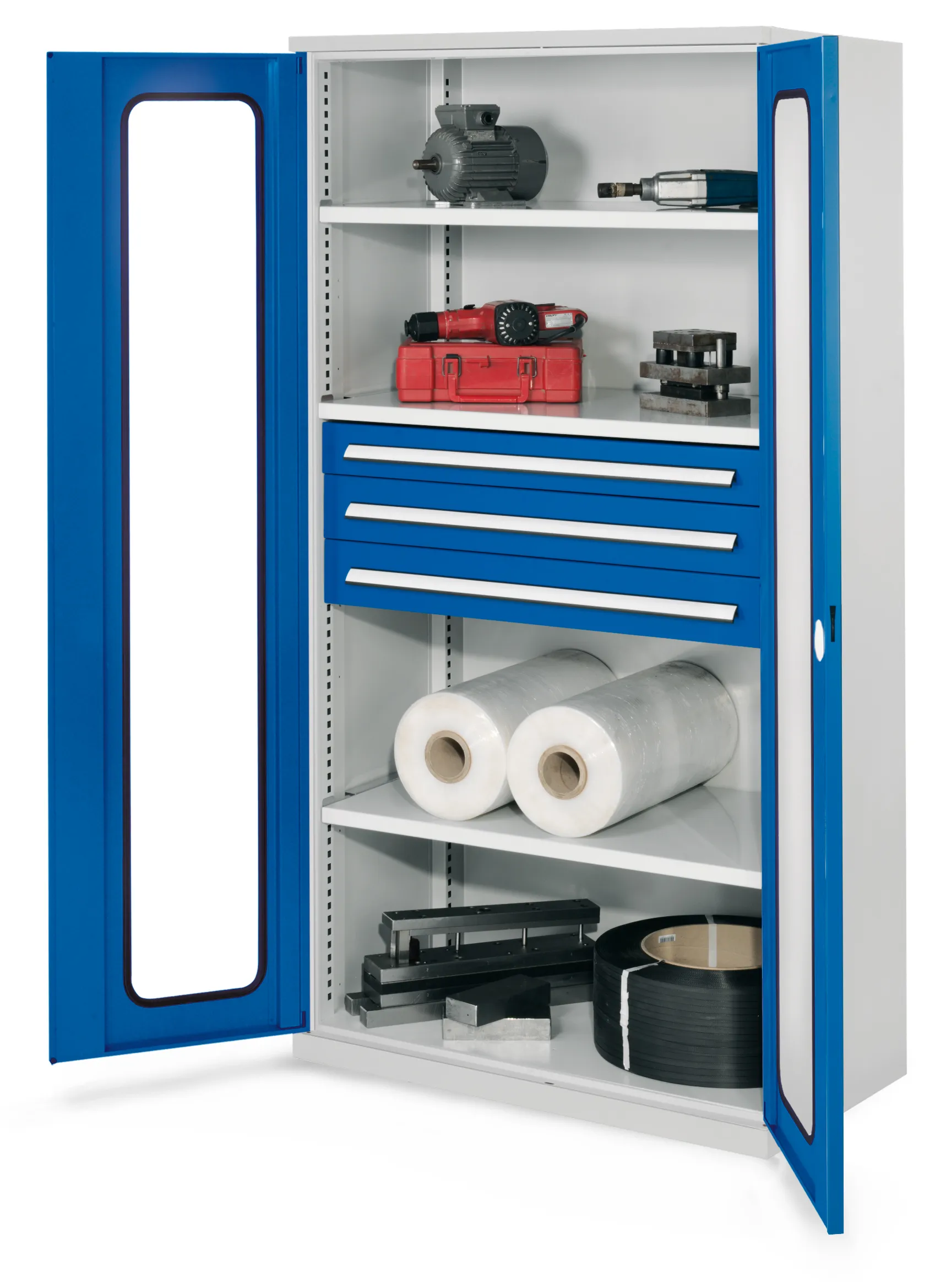 Der Schwerlastschrank Mod 43 von Kappes Systeme GmbH bietet mit Sichtfenstertür, drei Fachböden und Schubladen eine robuste Lösung für schwere Werkzeuge.