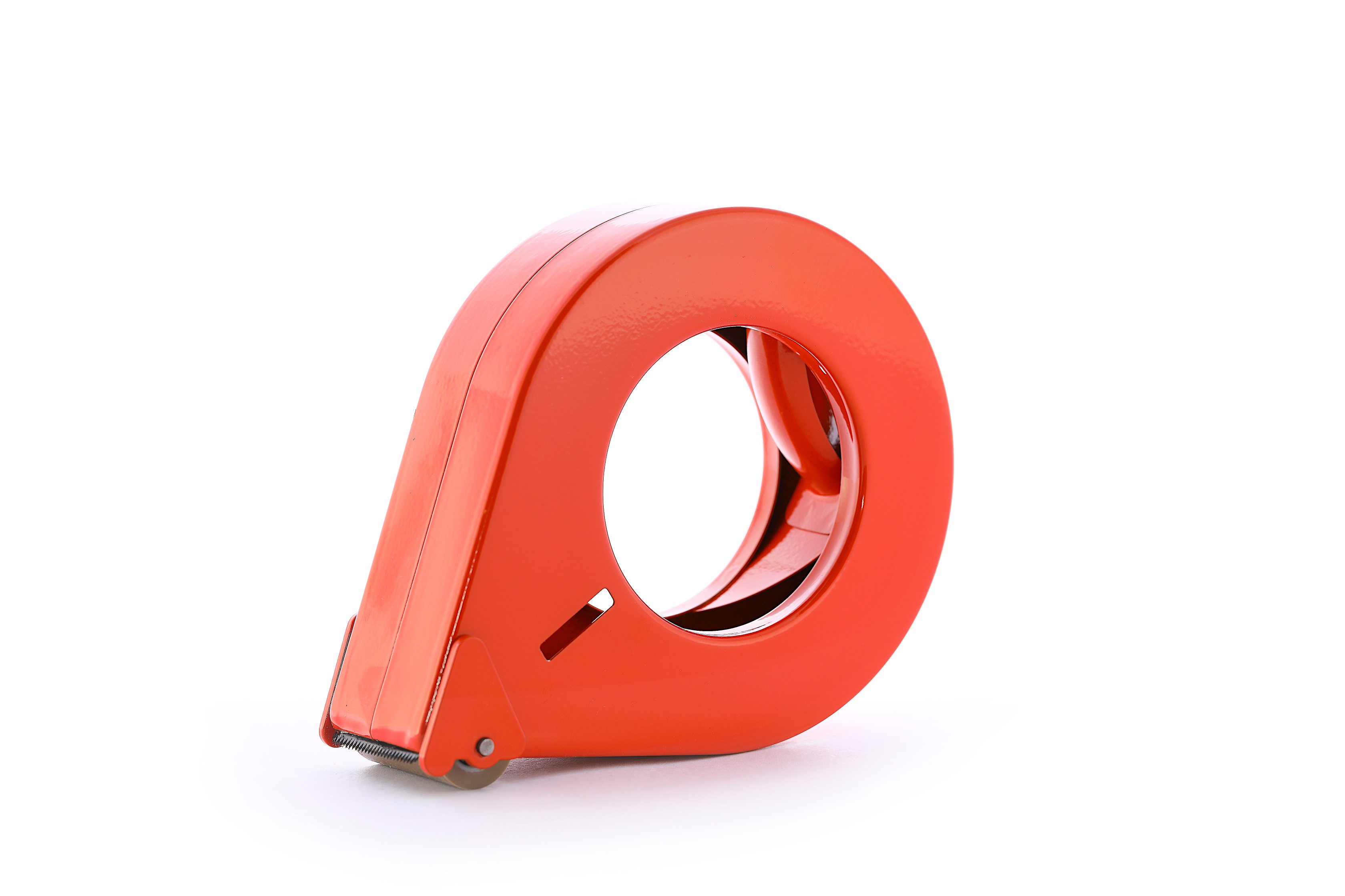 Handabroller aus Metall Orange mit Abrollbremse, 38mm Bandbreite, 122mm Außendurchmesser