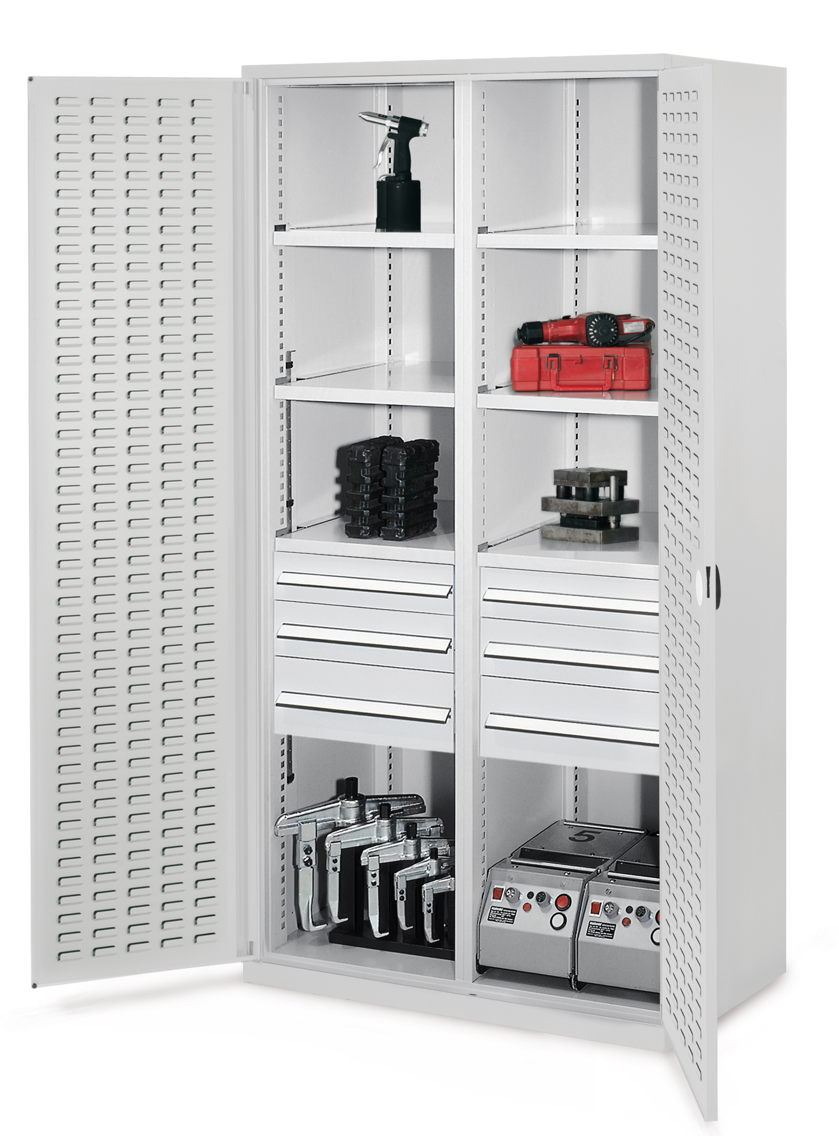 Schwerlastschrank von Kappes Systeme: Robuste Stahlkonstruktion mit Mitteltrennwand, verstellbaren Fachböden und Schubladen, ideal für schwere Werkzeuge.