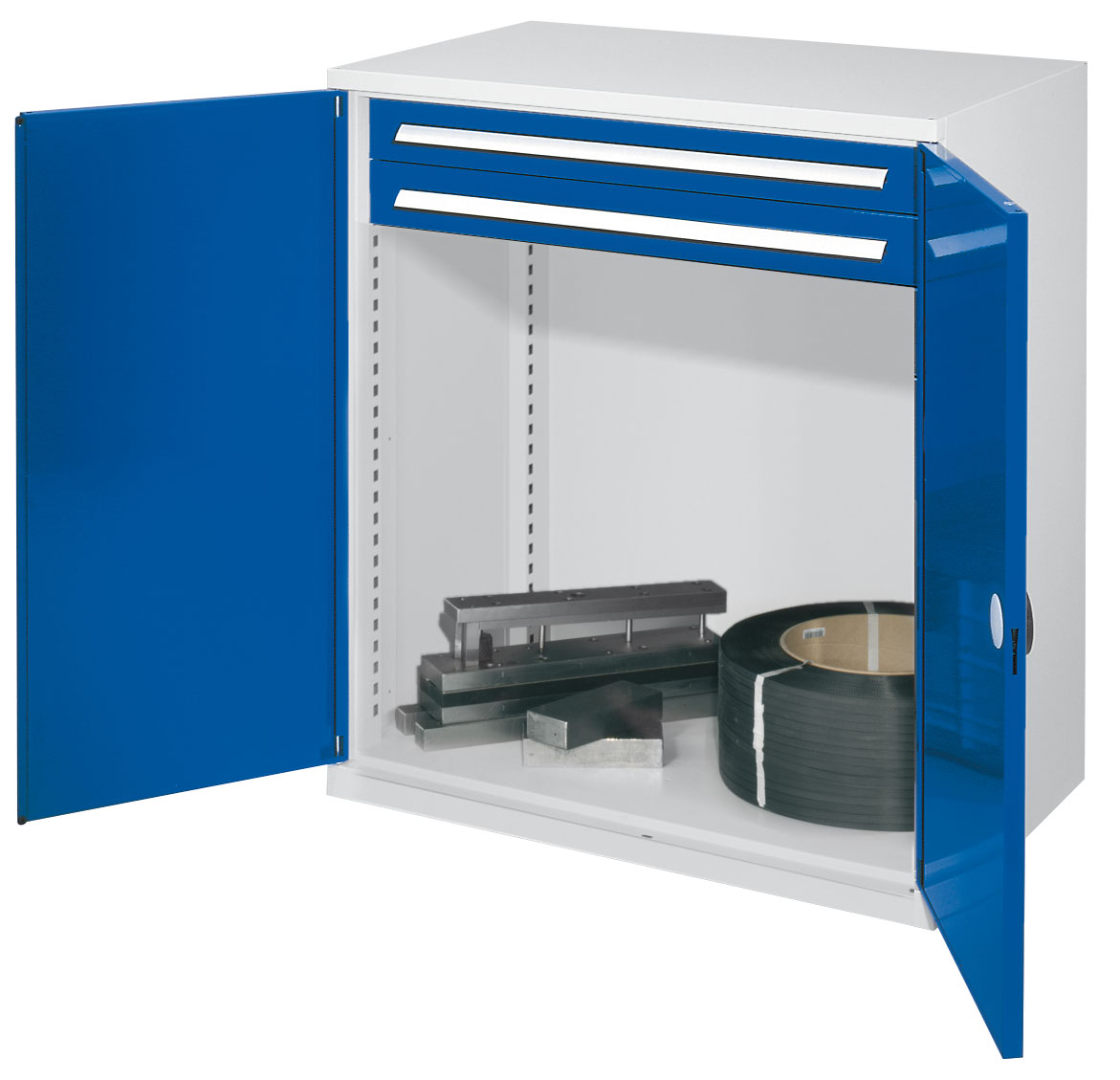 Schwerlast-Beistellschrank Modell 64 1110 x 1000 x 600 mm RAL 7035/5010. Doppelwandtüren 2 Schubladen H 100 mm.