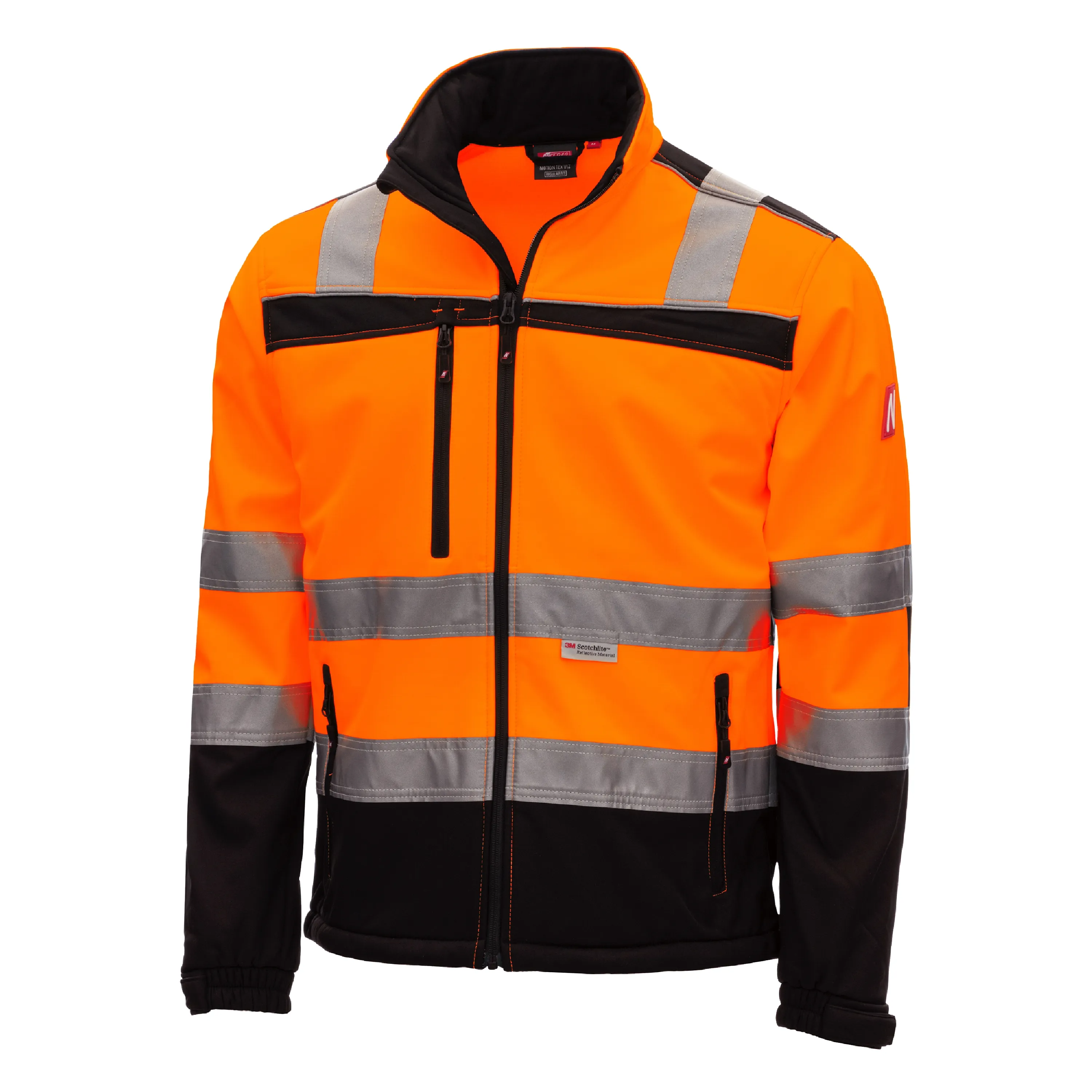 Die NITRAS MOTION TEX VIZ Softshelljacke in Neonorange und Schwarz bietet stilvolles Design, wasser- und windabweisenden Komfort und 3M-Reflektoren f?r Sichtbarkeit.