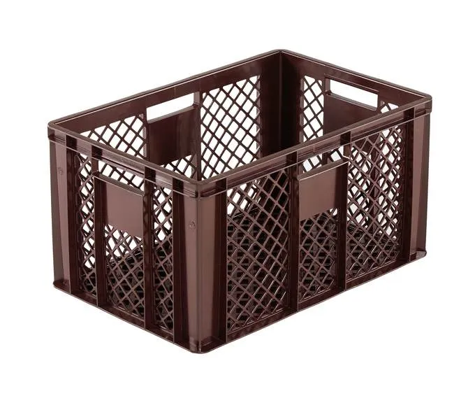 Gelber Transportkorb 600x400x320 mm von Bekuplast aus robustem HDPE, 61 Liter Volumen, durchbrochene Struktur für Belüftung, offene Griffe für leichtes Handling.