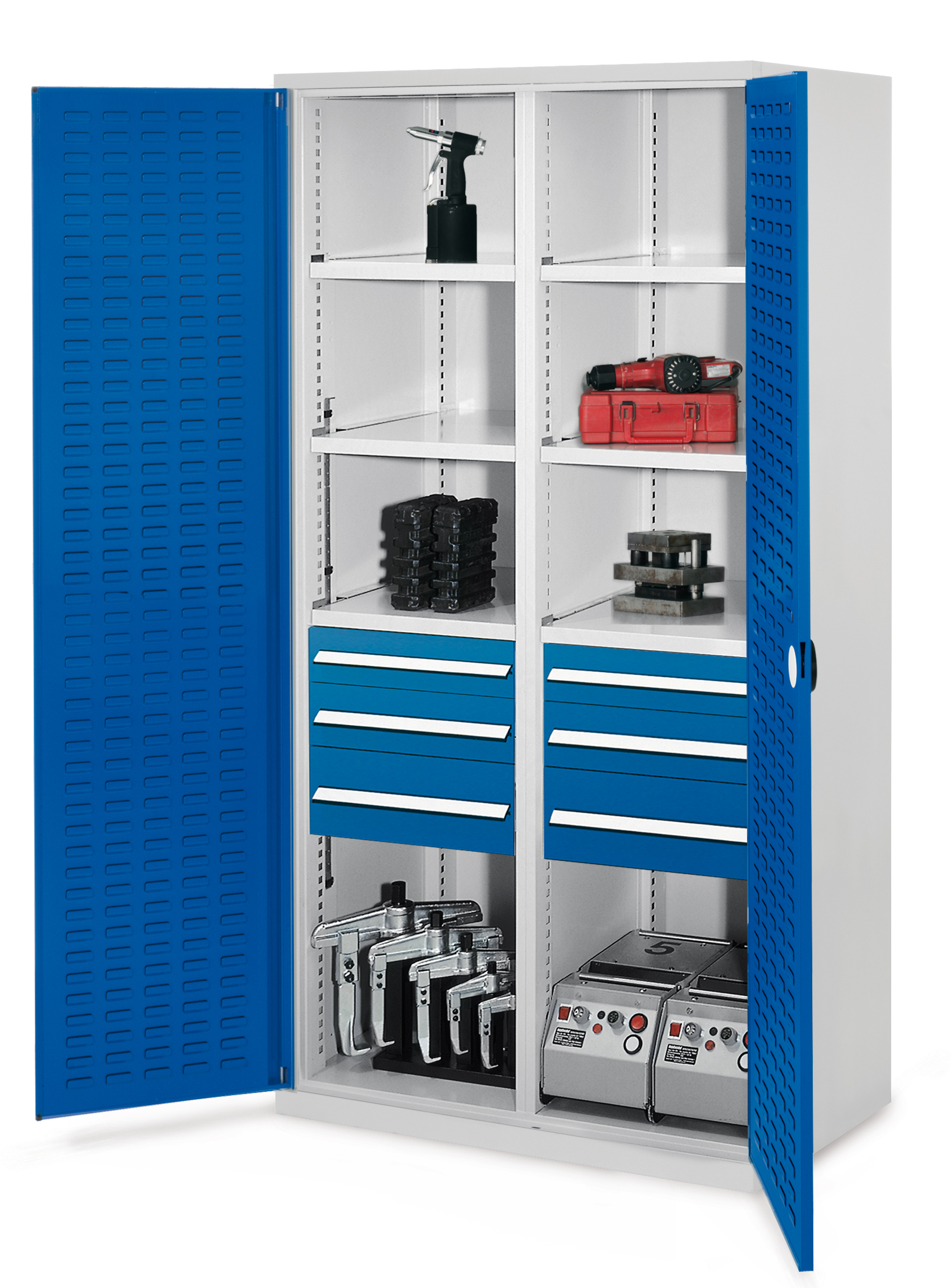 Schwerlastschrank von Kappes Systeme: Robuste Stahlkonstruktion, lichtgrau/blau, 1950x1000x600 mm, ideal für schwere Werkzeuge, bis 1,65 t Tragkraft.