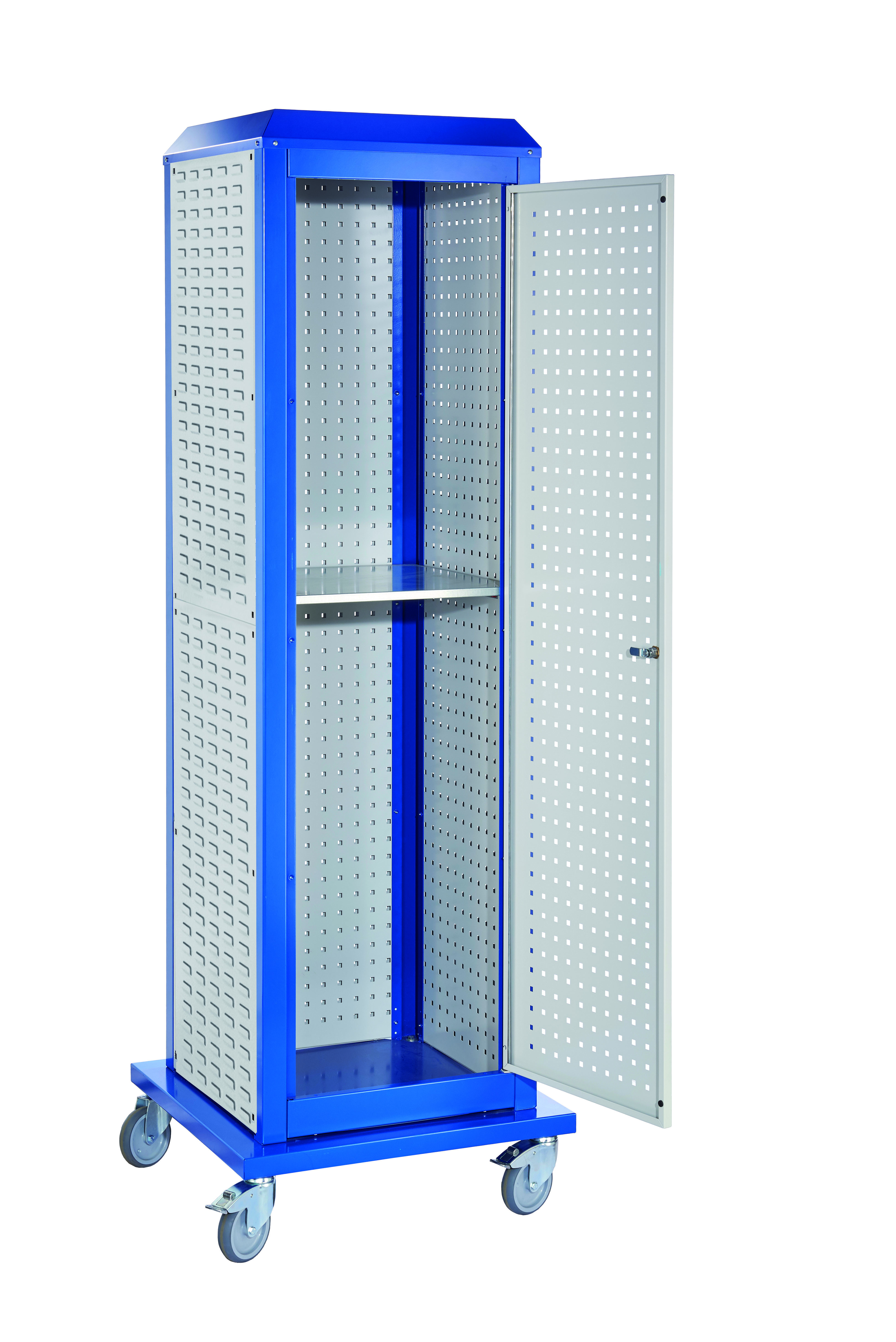 ®RasterPlan ToolTower groß Mod 34 mobil RAL 7035/5010. 2 LP außen groß 2 LP innen groß 2 SP außen klein 1 LP Tür 1 Fachboden.