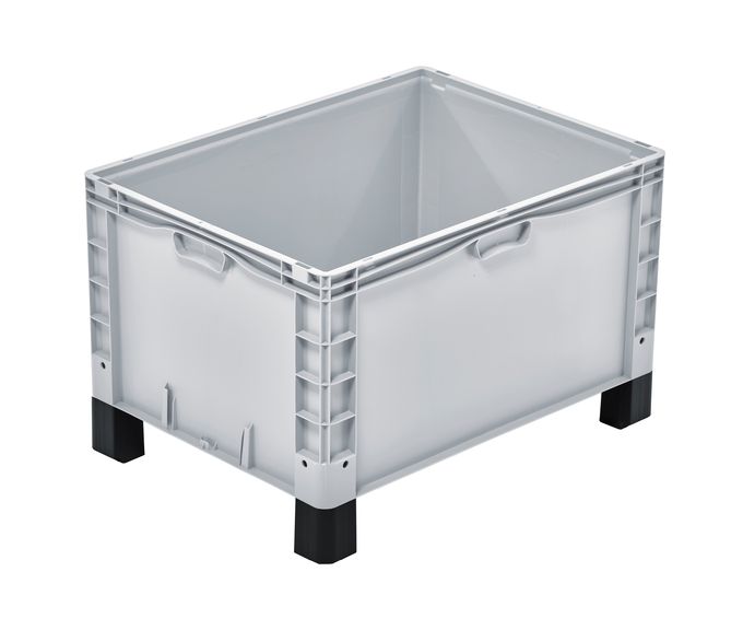 Großbehälter mit montierten Füßen, geschlossener Griff, 800x600x520 mm, Farbe grau