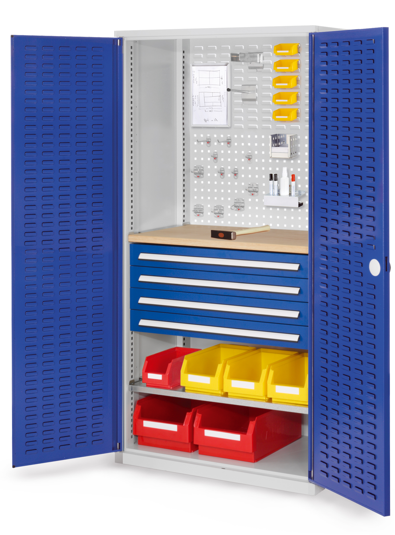 Der RasterPlan Schubladenschrank Modell 26 von Kappes Systeme bietet robuste Stahlkonstruktion, flexible Schubladen und eine Werkbankplatte für optimale Werkzeugorganisation.