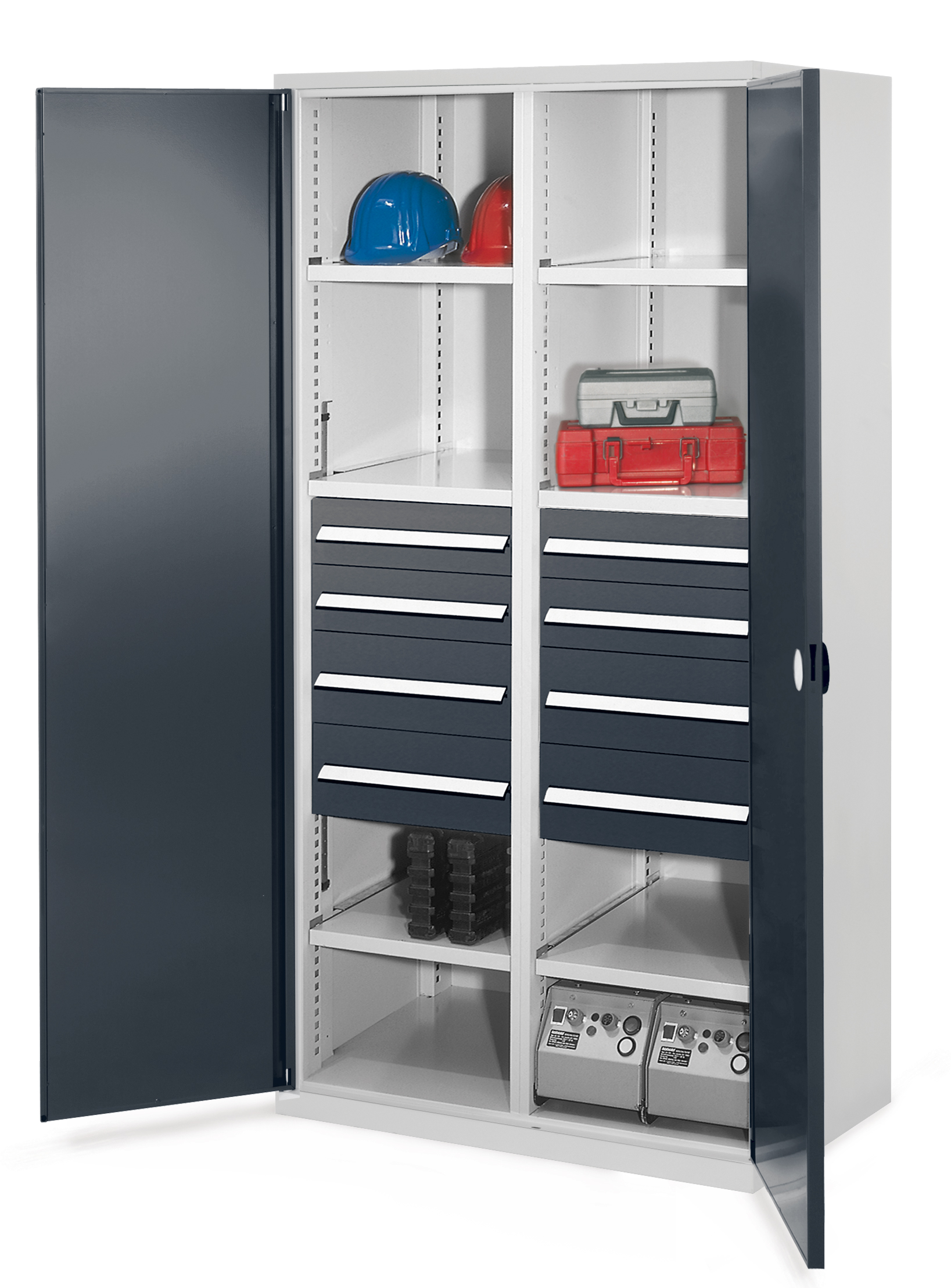 Schwerlastschrank Modell 54 von Kappes Systeme: Robuste Stahlkonstruktion mit Mitteltrennwand, 8 Schubladen, 6 Fachböden, 1,65 Tonnen Tragkraft, sicher und langlebig.