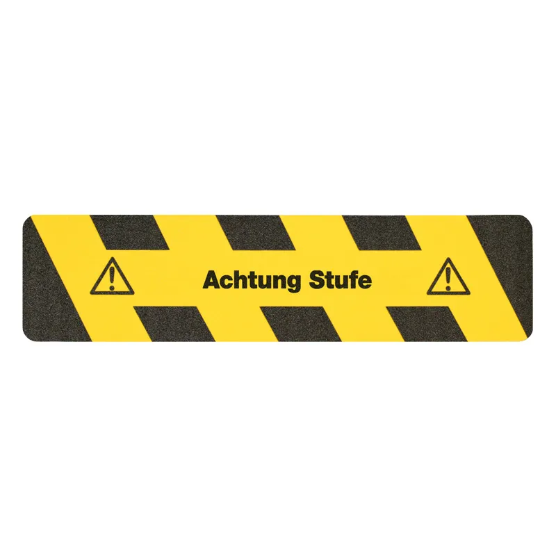 Antirutschbelag von Mehlhose in Schwarz/Gelb mit "Achtung Stufe"-Warnung, 150x610mm, bietet R13-Rutschhemmung, langlebig und einfach zu montieren.
