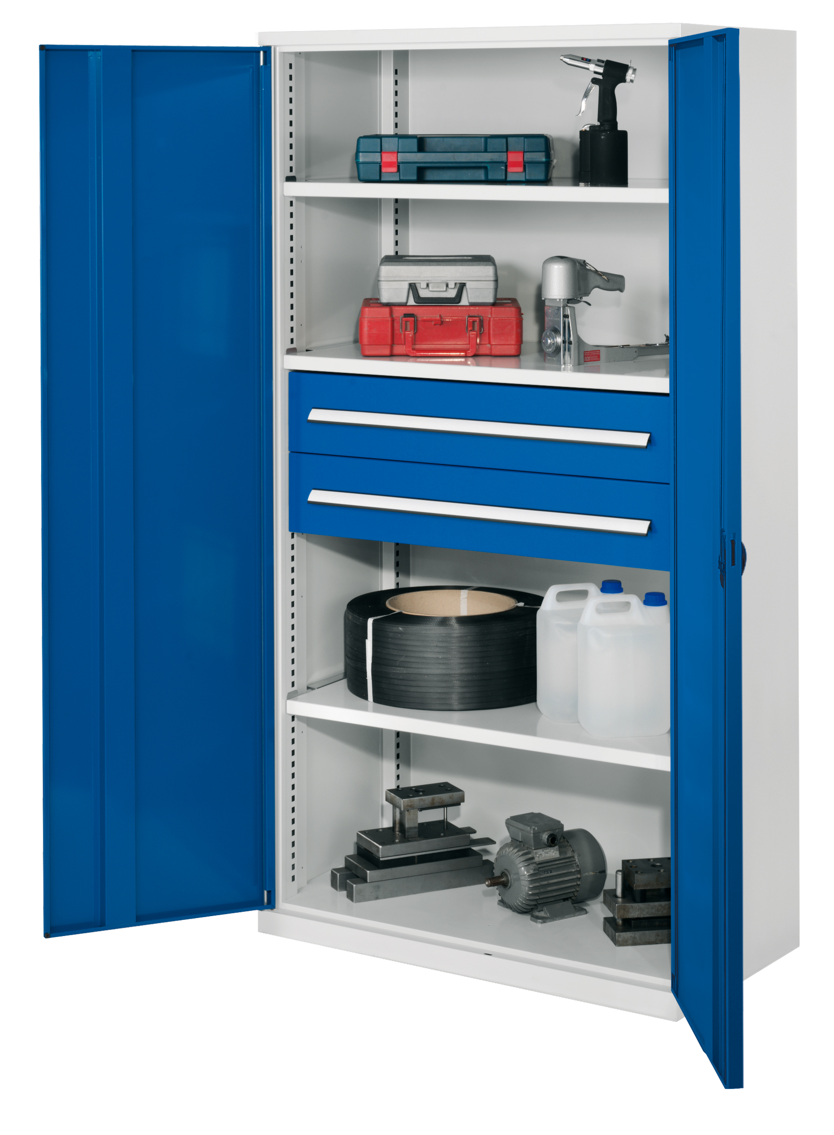 Schwerlastschrank von Kappes Systeme: Robuste Stahlkonstruktion, 1950x1000x600 mm, Vollblechtür, 3 Fachböden, 2 Schubladen. Ideal für schwere Werkzeuge.