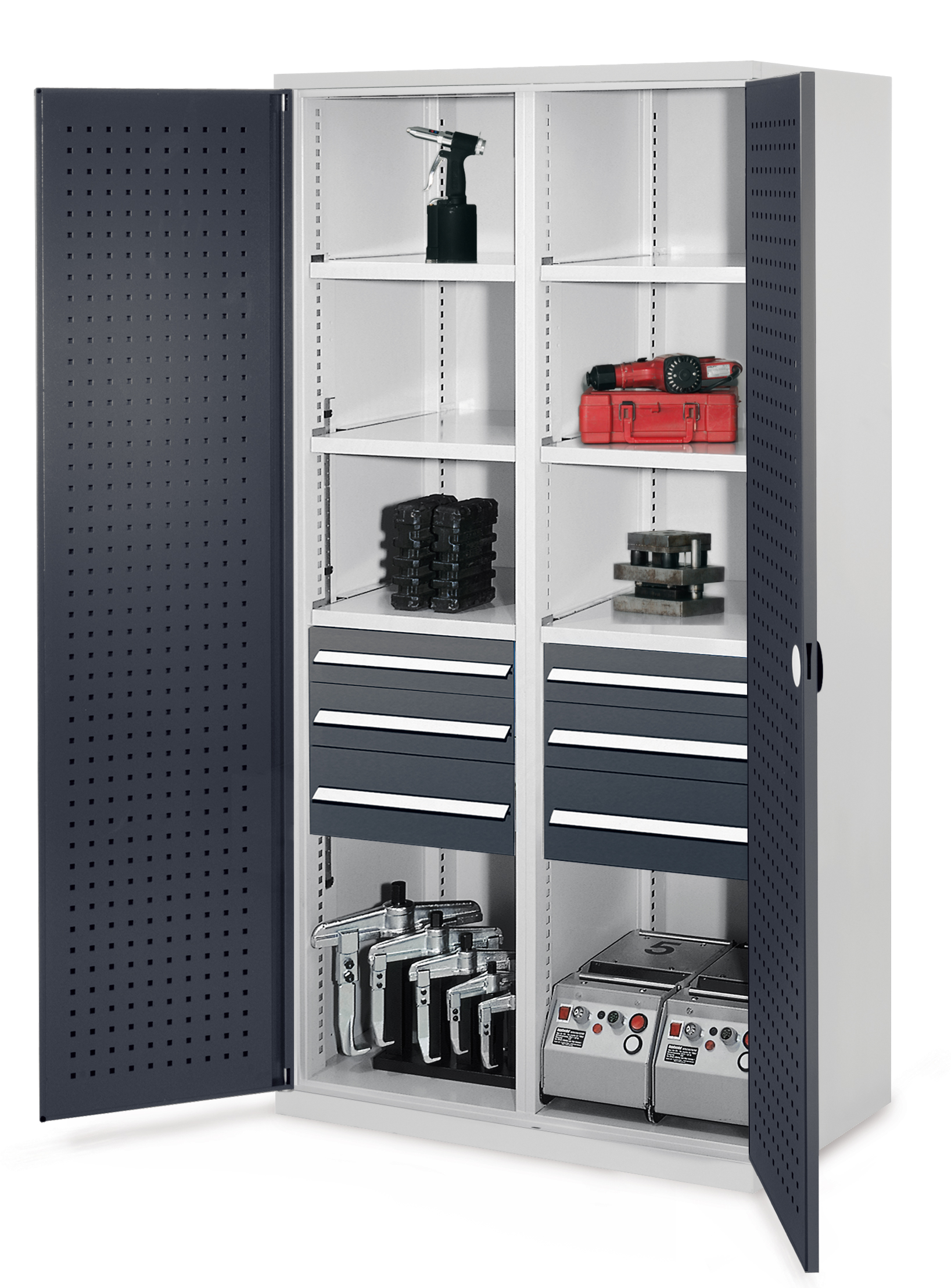 Der Schwerlastschrank Mod 55 von Kappes Systeme GmbH bietet robuste Lagerung mit Mitteltrennwand, verstärkten Türen und flexiblem Stauraum für schwere Werkzeuge.