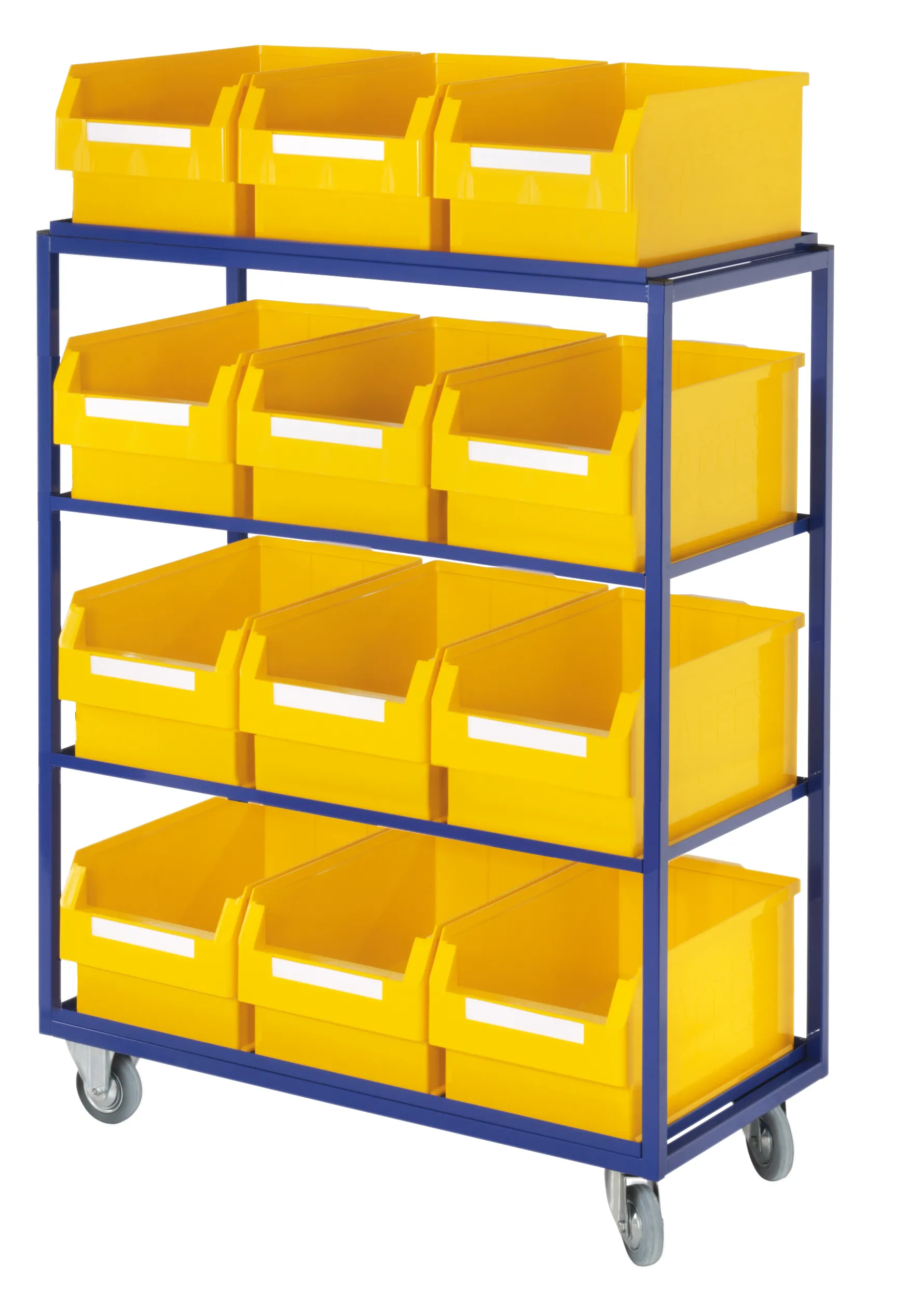 Der Beistell- und Kommissionierwagen Modell 17 von Kappes Systeme GmbH in Enzianblau (RAL 5010) bietet robuste Stahlkonstruktion und flexible Fachböden.