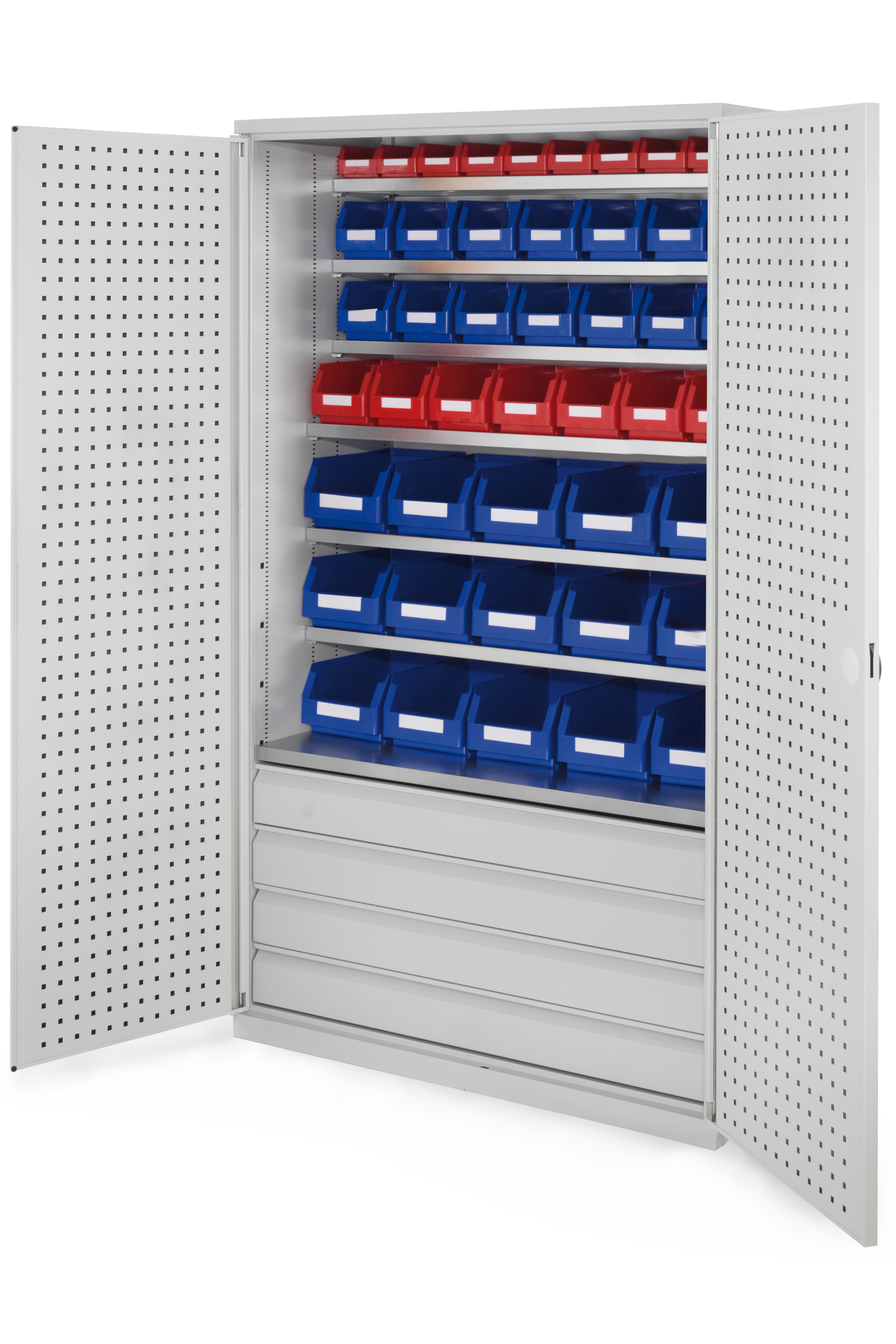 Großraumschrank Modell 25 RAL 7035 1950 x 1130 x 590 mm. Türinnenseite: ®RasterPlan Lochplatten 4 Schubladen unten inklusiv Lagersichtkasten 15 x Größe 4 7 x Größe 5 14 x Größe 6 10 x Größe 7.