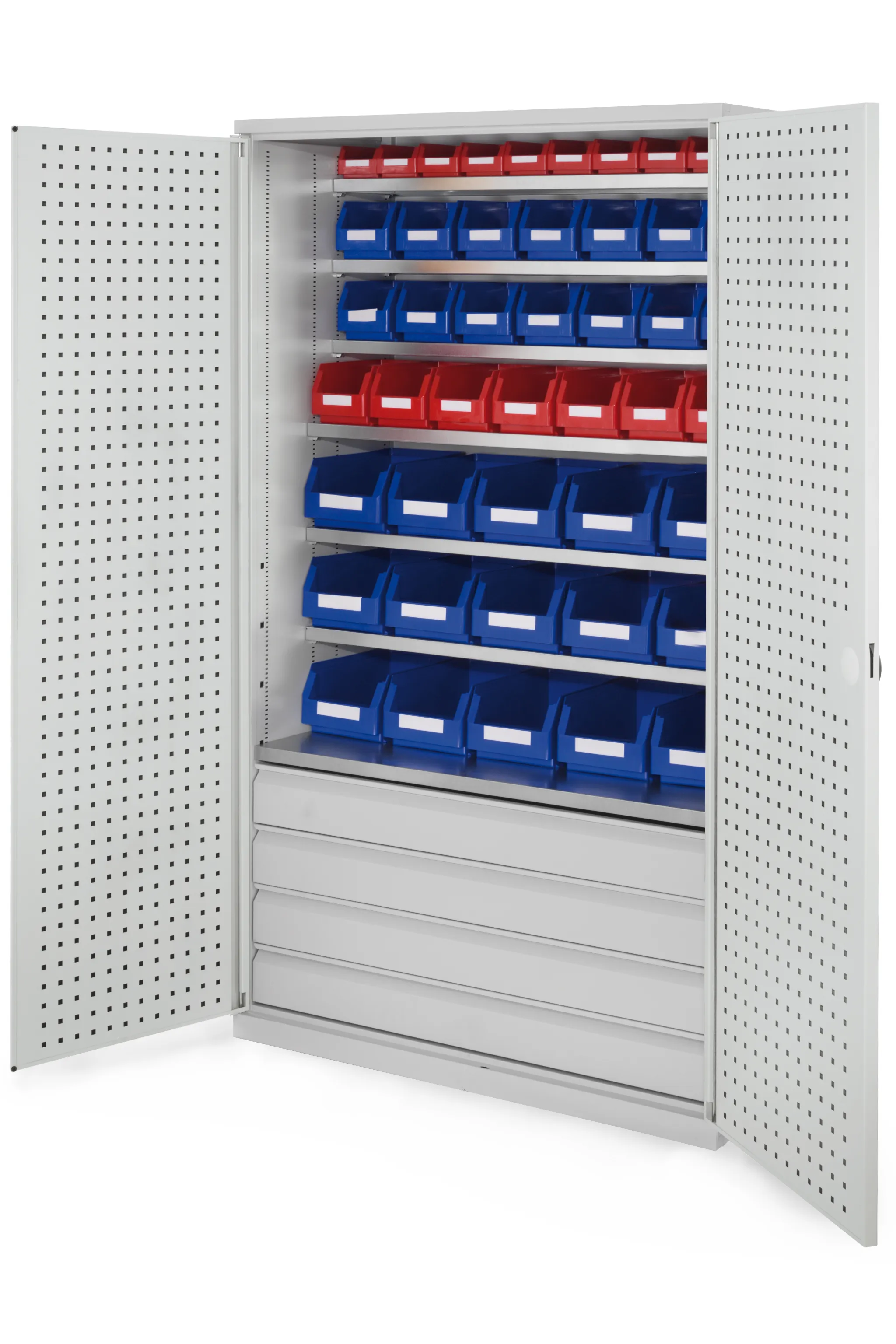 Großraumschrank Modell 25 von Kappes Systeme: Robuste Stahlkonstruktion mit RasterPlan Lochplatten, 4 Schubladen, Lagersichtkästen und lichtgrauer Beschichtung.