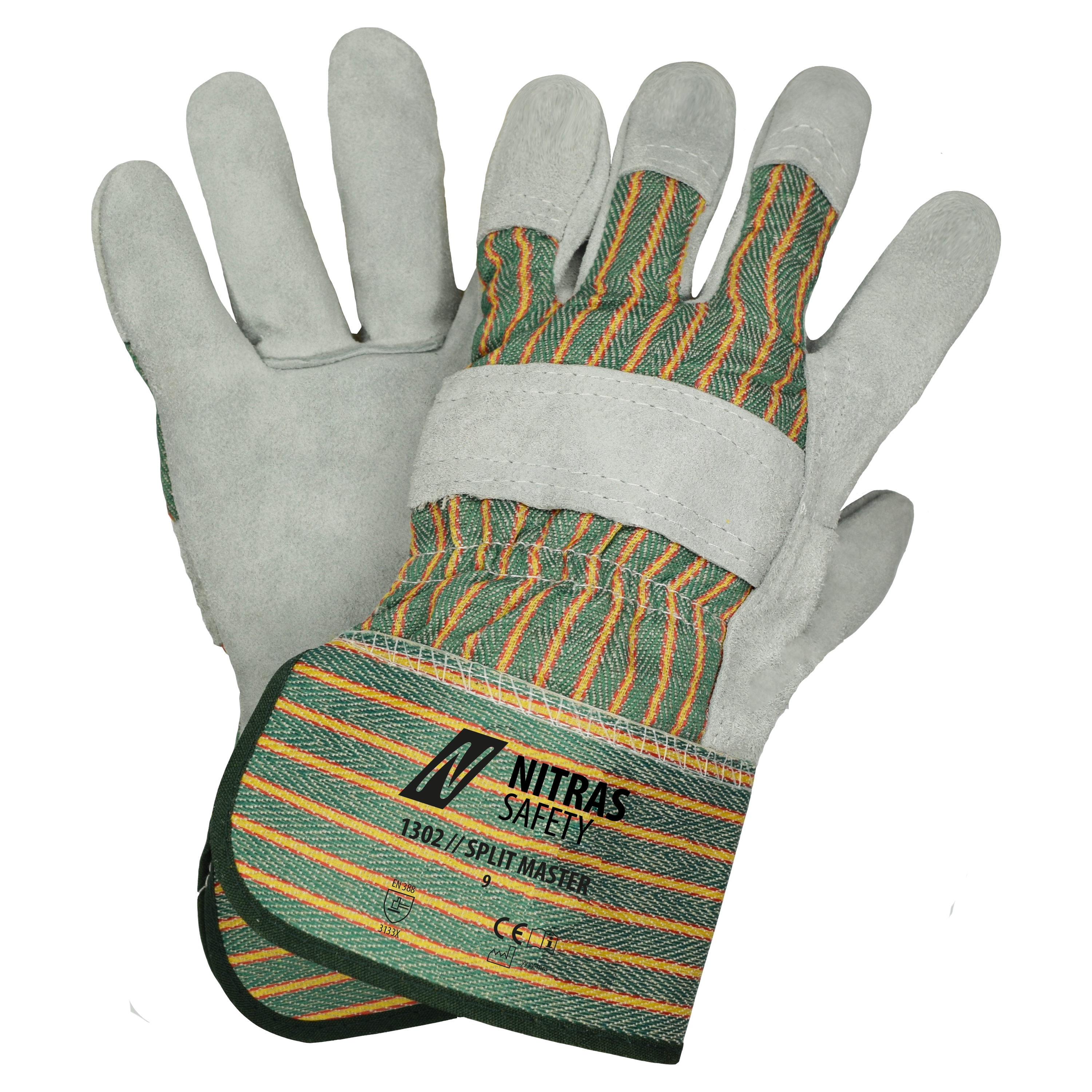 NITRAS SPLIT MASTER, Rindspaltlederhandschuhe, grün / rot / gelb gestreift / grau, EN 388