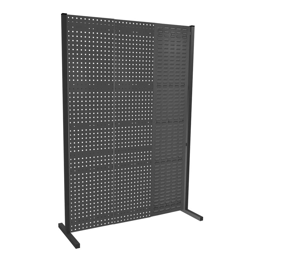 Das ®RasterPlan Trennwand Einzelfeld in RAL 7016, 1500x2000 mm, bietet flexible Trennwandlösungen mit zwei Lochplatten und einer Schlitzplatte.