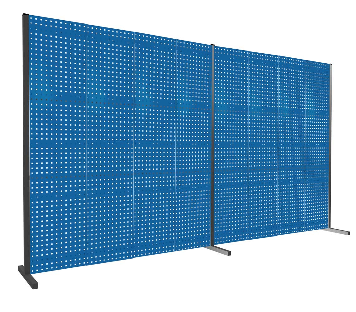 Produktbild des ®RasterPlan Trennwandsystems Doppelfeld 180° in Blau, 2000x2000 mm, mit 8 Lochplatten, ideal für flexible industrielle Raumgestaltung.