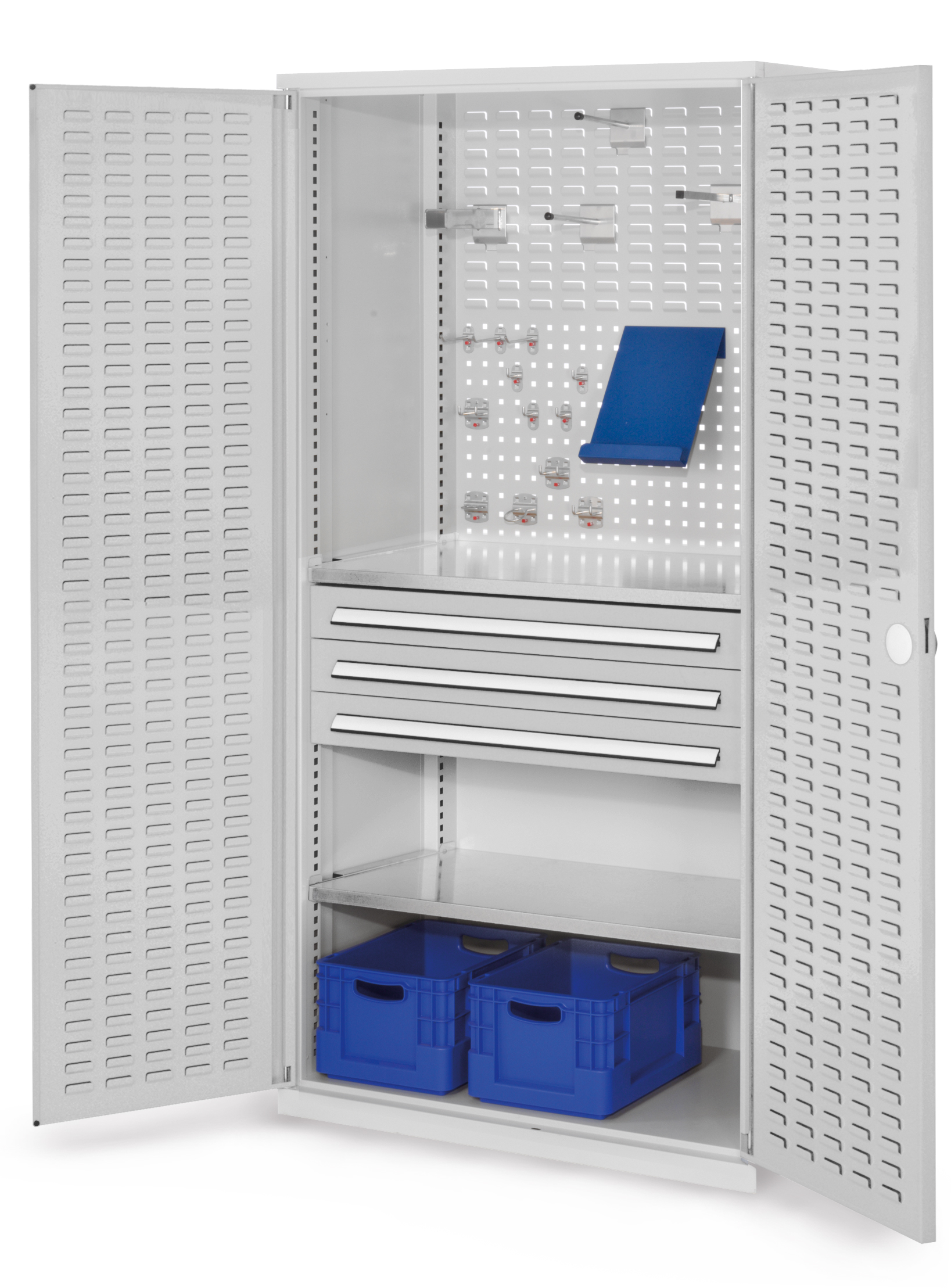 RasterPlan Schubladenschrank Modell 22 von Kappes: Robuste Stahlkonstruktion, lichtgrau, mit 3 Schubladen, 2 Fachböden und verstärkten Türen für sichere Werkzeuglagerung.