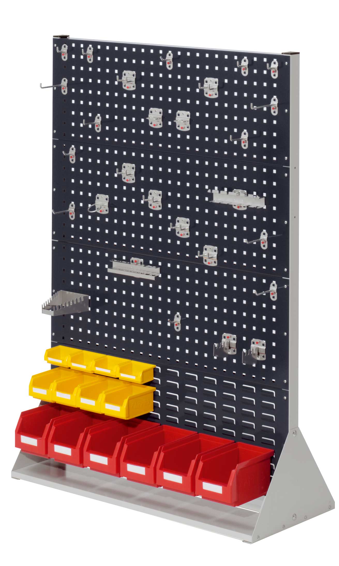 Das doppelseitige ®RasterPlan Stellwand-System von Kappes Systeme GmbH bietet flexible Organisation mit robustem Design und einfacher Montage, ideal für Werkzeuge und Kleinteile.