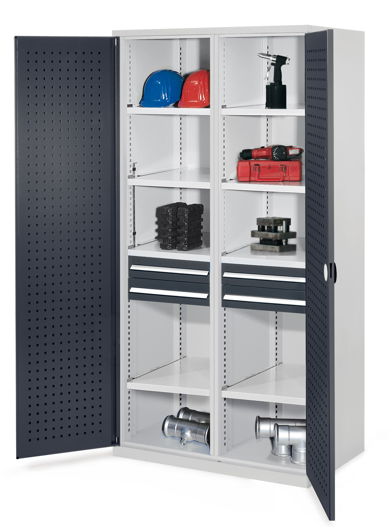 Der Schwerlastschrank Modell 56 von Kappes Systeme GmbH in RAL 7035/7016 bietet robuste Lagerung für schwere Werkzeuge, mit 1,65 t Tragkraft und vielseitiger Innenausstattung.