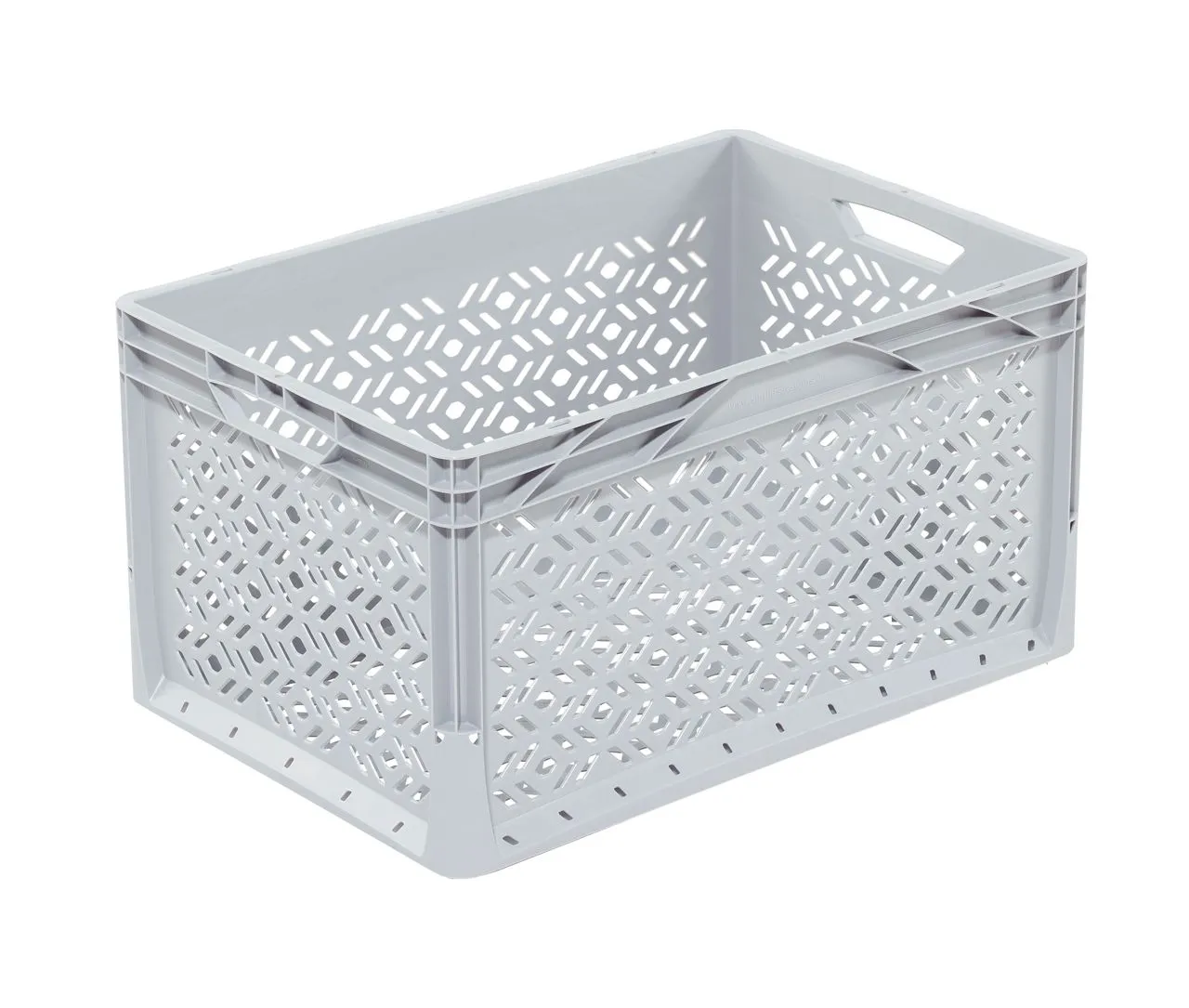 Der graue Lightline Beh?lter von Bekuplast (600x400x320 mm) bietet 66L Volumen, durchbrochene W?nde f?r Luftzirkulation und offene Griffe f?r leichten Transport.