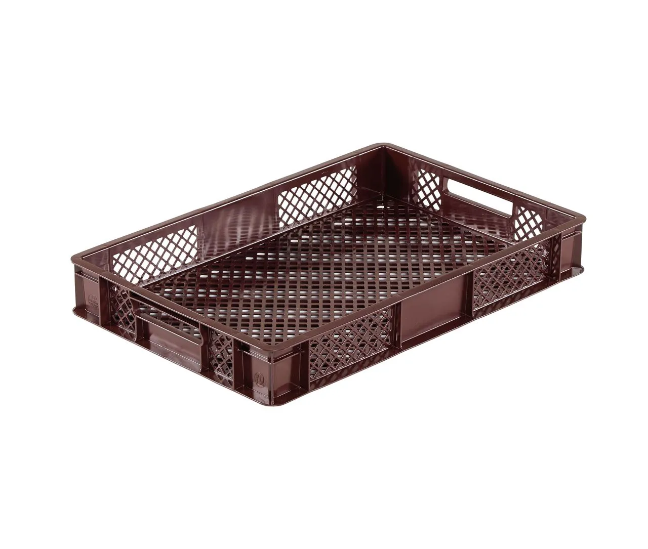 Transportkorb von Bekuplast, 600x400x100 mm, aus robustem HDPE, 15 L Volumen, 890 g, durchbrochene Struktur für Belüftung, offene Griffe, braun.