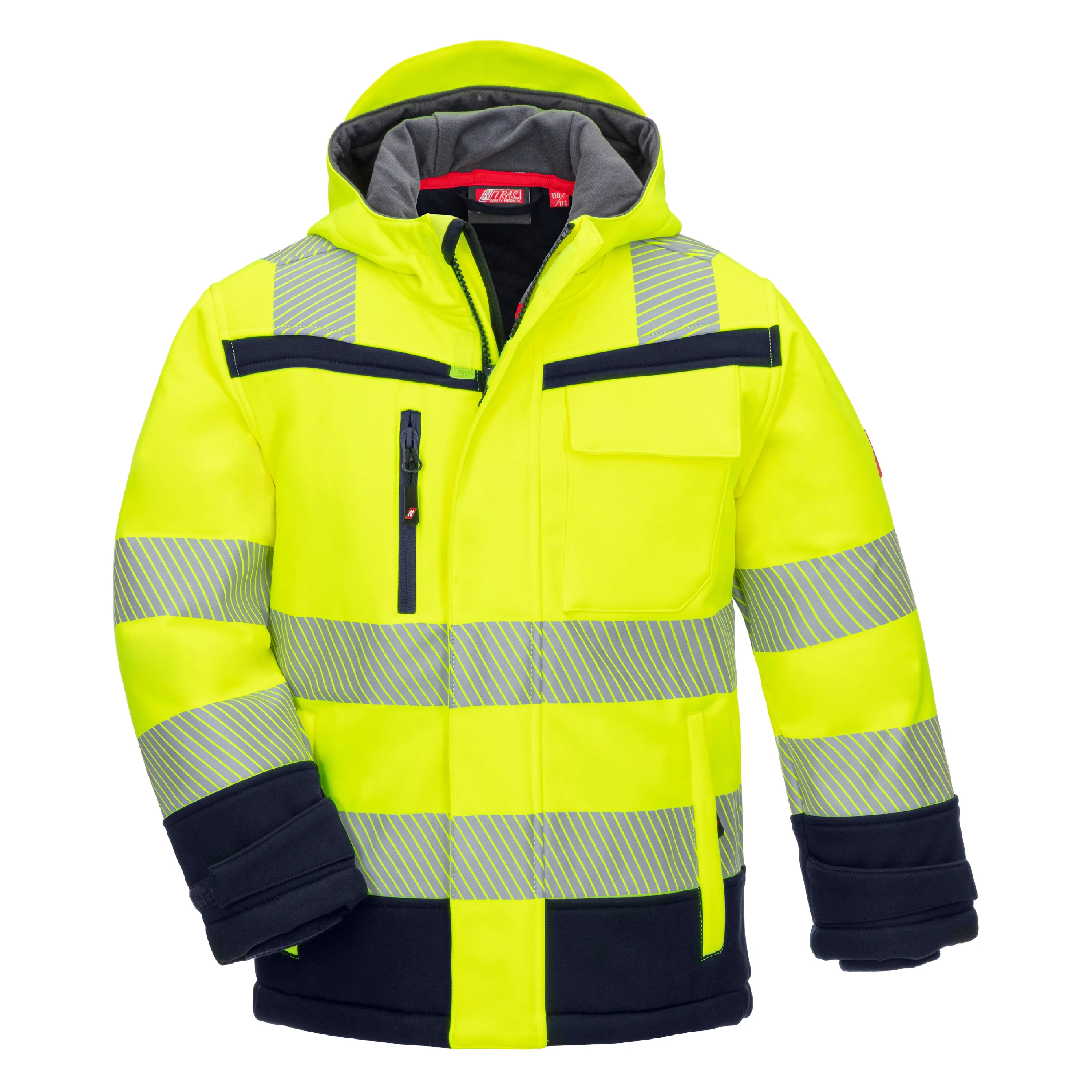 Die NITRAS MOTION TEX VIZ PLUS KIDS Softshelljacke in Neongelb/Marineblau bietet Schutz und Komfort mit Reflexstreifen, Kapuze und w?rmendem Futter.