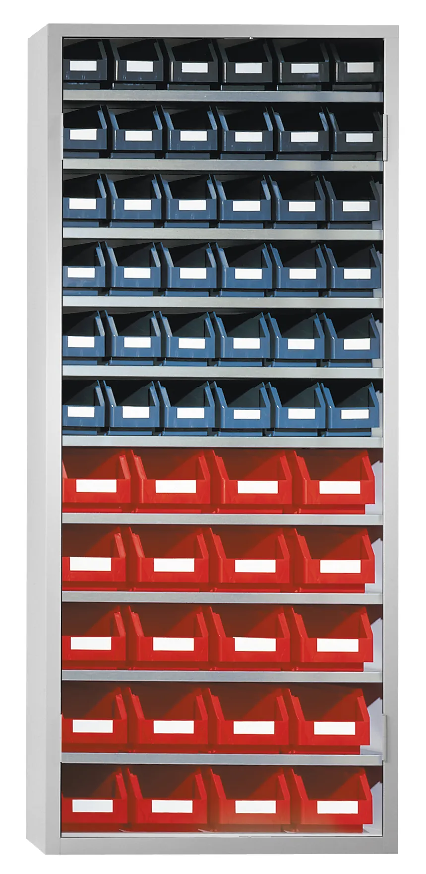 Der lichtgraue Ordnungsschrank Modell 43 von Kappes Systeme bietet flexible Lagerung mit verstellbaren Fachböden und robustem Stahl für industrielle Anwendungen.