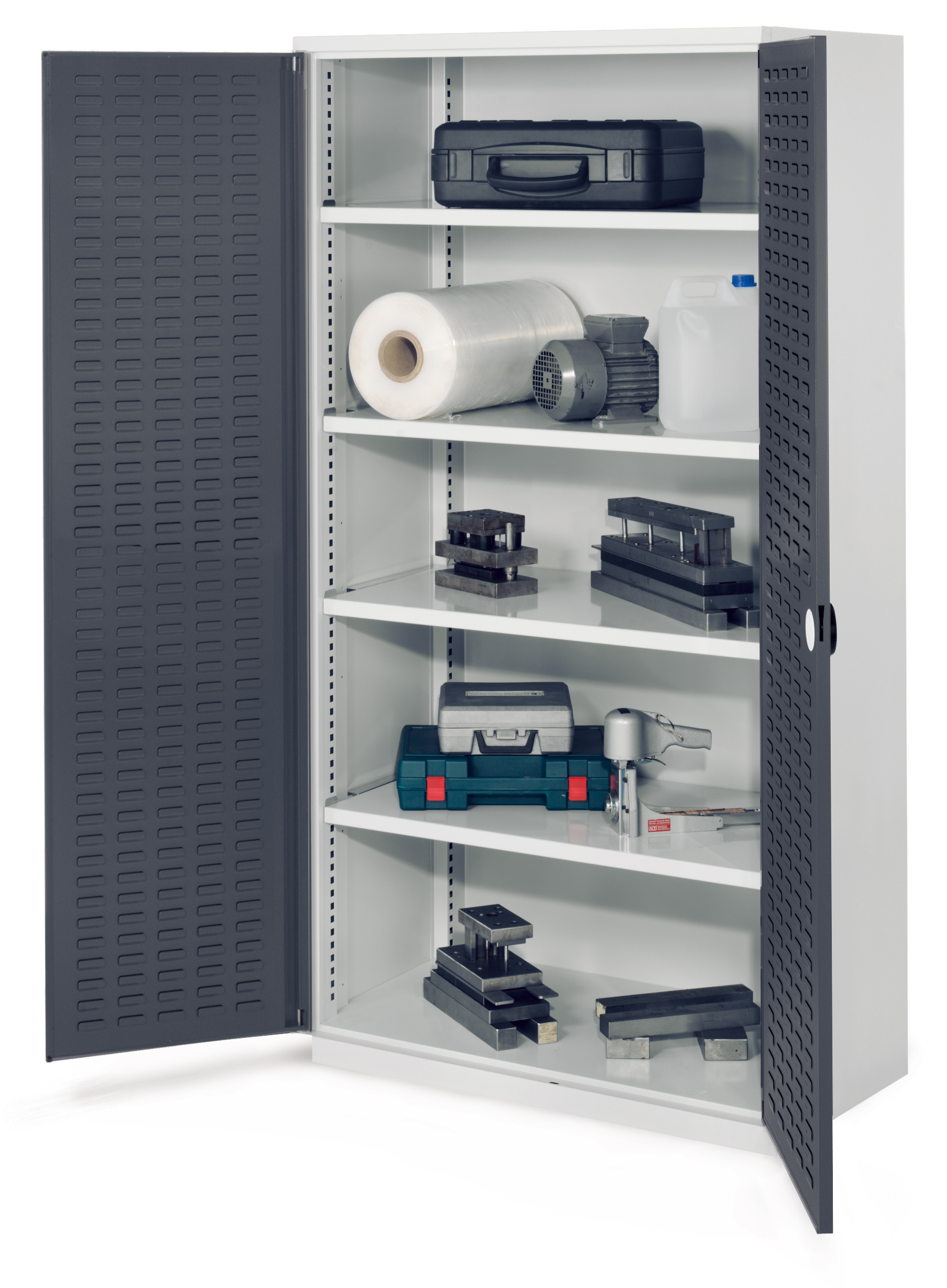 Schwerlastschrank von Kappes Systeme: Robuste Stahlkonstruktion, 1950x1000x600 mm, 1,65 Tonnen Tragkraft, verstellbare Fachböden, sichere Schlösser, lichtgrau.