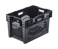 Der Bekuplast Drehstapelbehälter aus robustem PP-C, 600x400x360 mm, bietet durchbrochene Seiten für Belüftung und einen glatten Boden für einfache Reinigung.