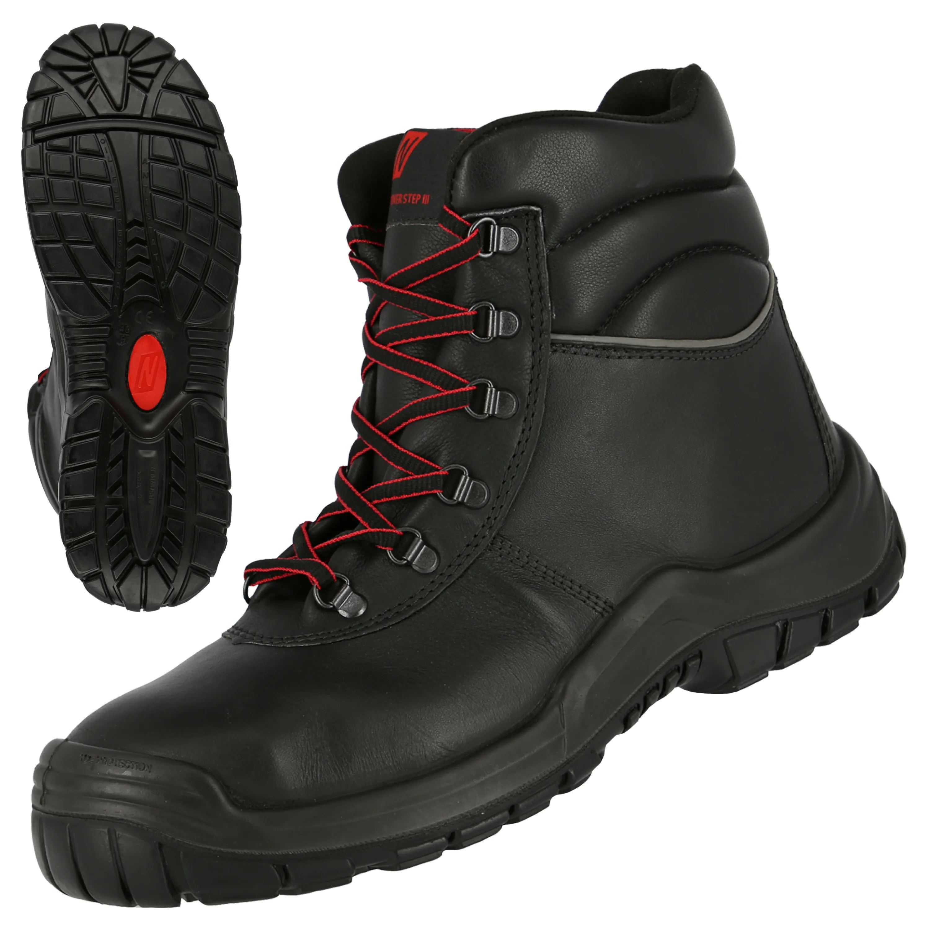 NITRAS POWER STEP MID+ Sicherheitsstiefel aus schwarzem Vollleder bieten Komfort und Schutz mit Stahlkappe, rutschfester Sohle und ergonomischer Einlegesohle.
